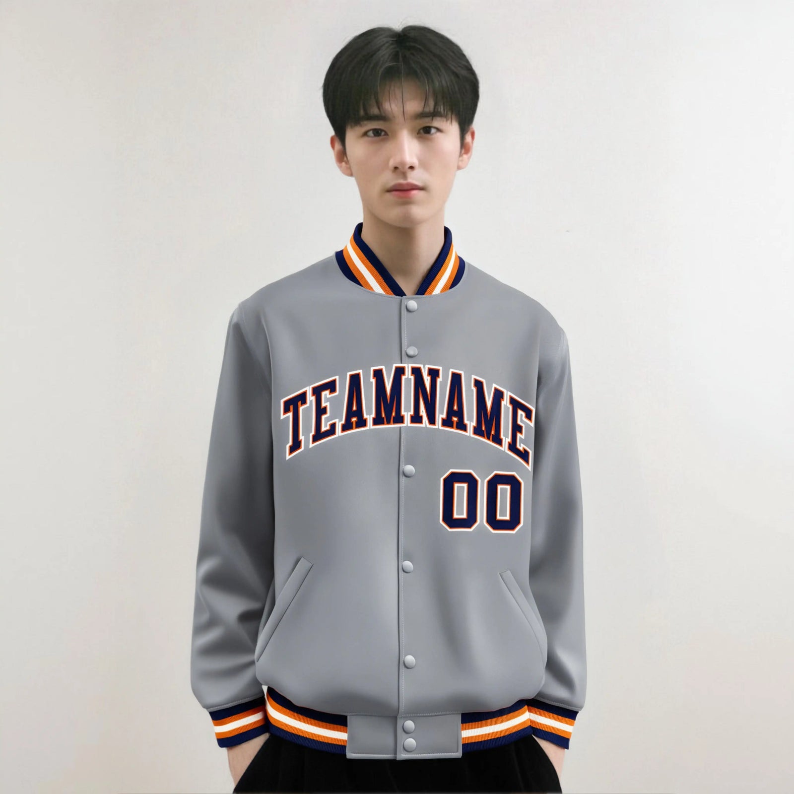 Custom Gray Navy-Orange Bomber Full-Snap Varsity Letterman Jacket