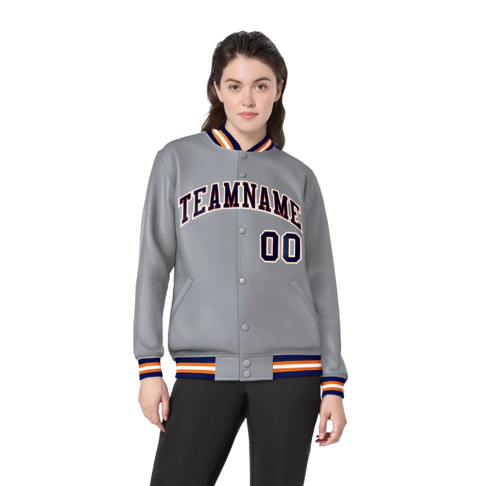 Custom Gray Navy-Orange Bomber Full-Snap Varsity Letterman Jacket