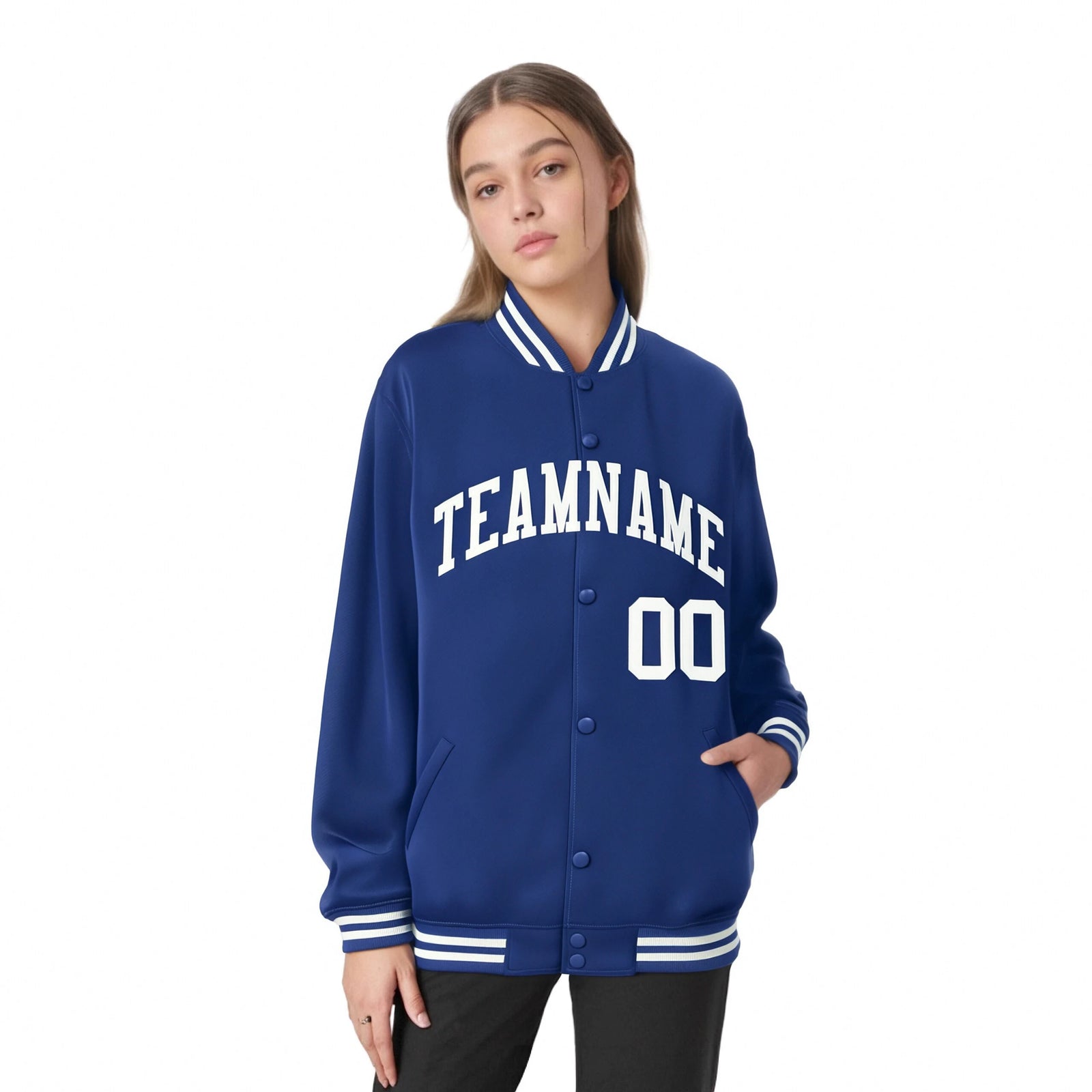 Custom Sky-Blue White Bomber Full-Snap Varsity Letterman Jacket