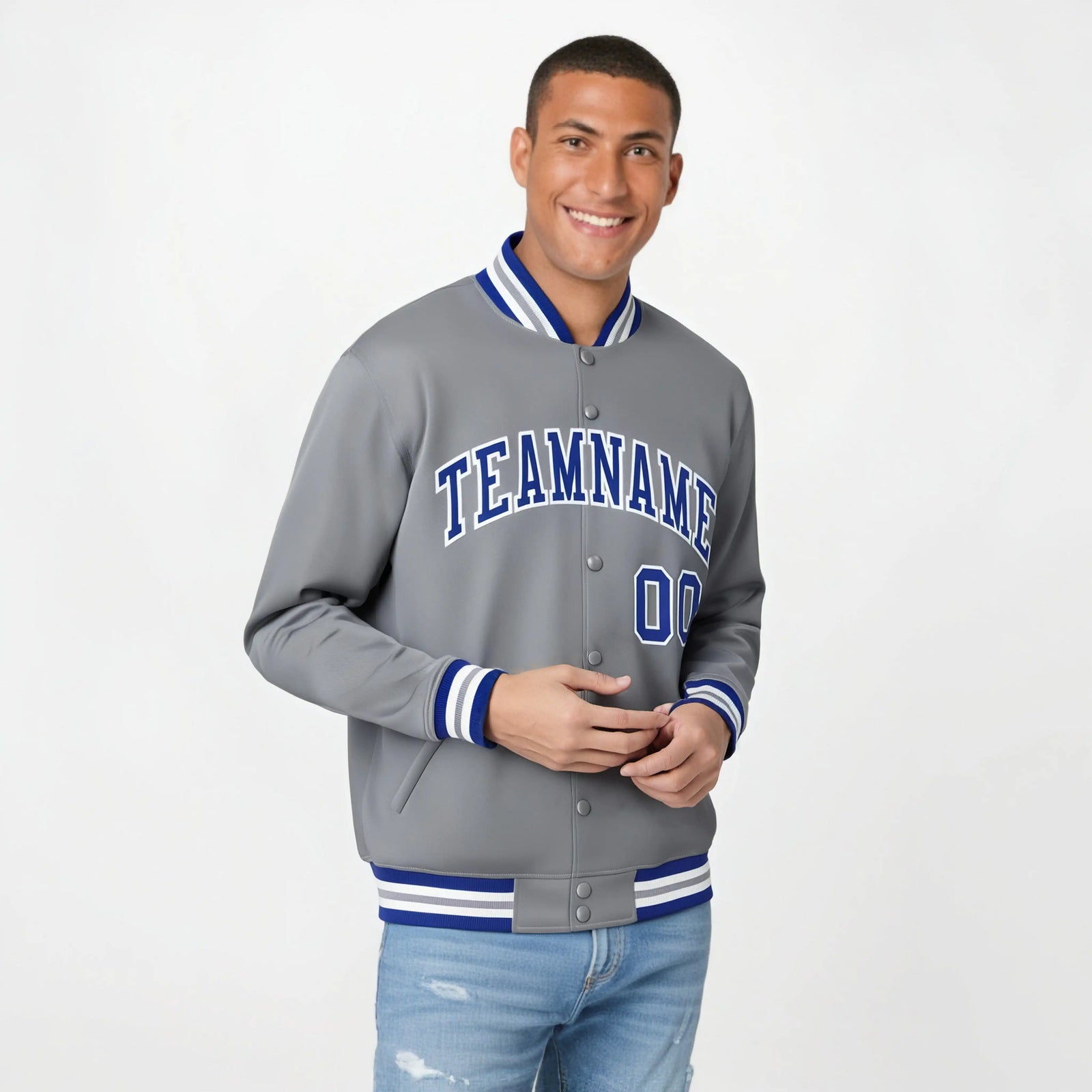 Custom Gray Blue-White Bomber Full-Snap Varsity Letterman Jacket
