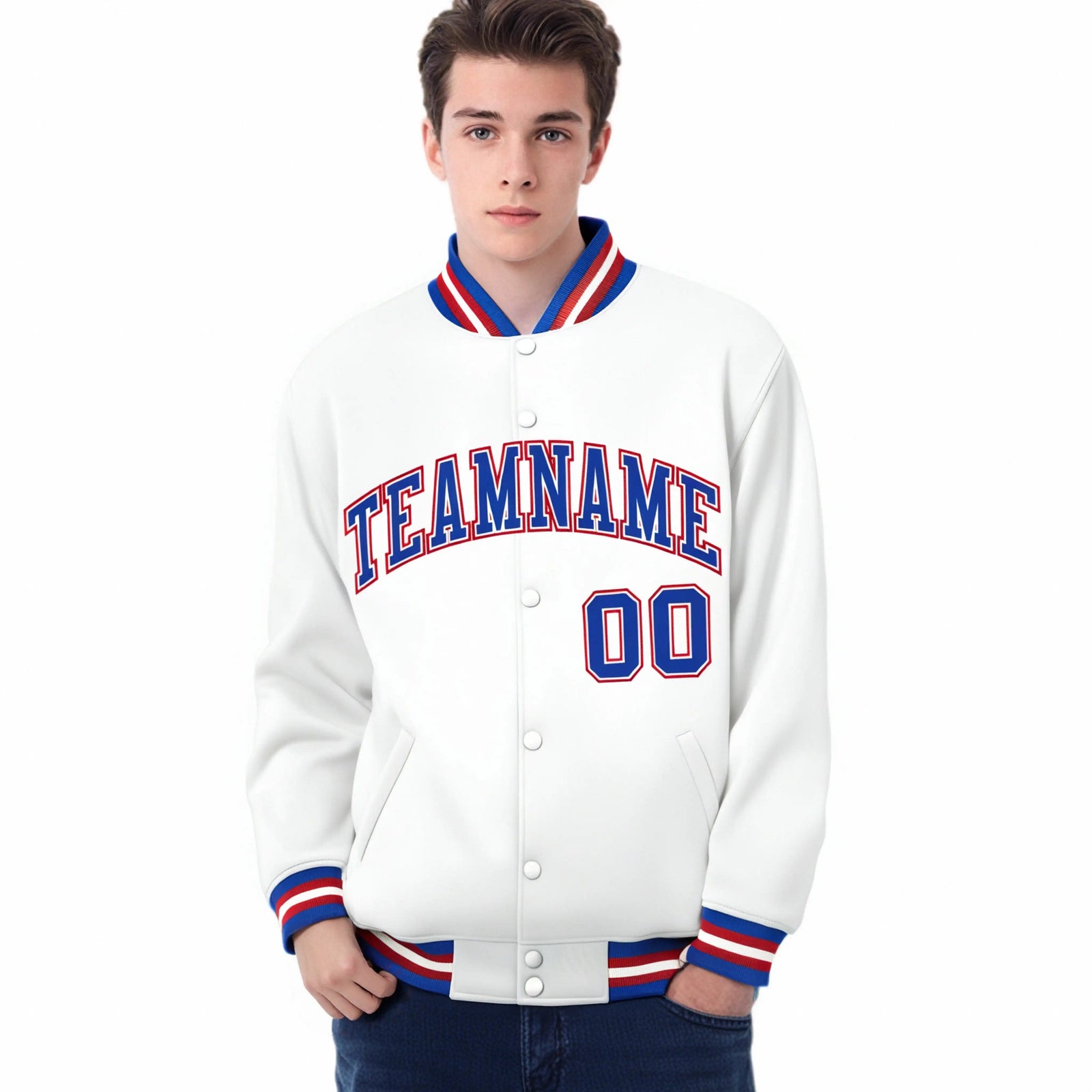 Custom White Thunder-Blue Red Bomber Full-Snap Varsity Letterman Jacket