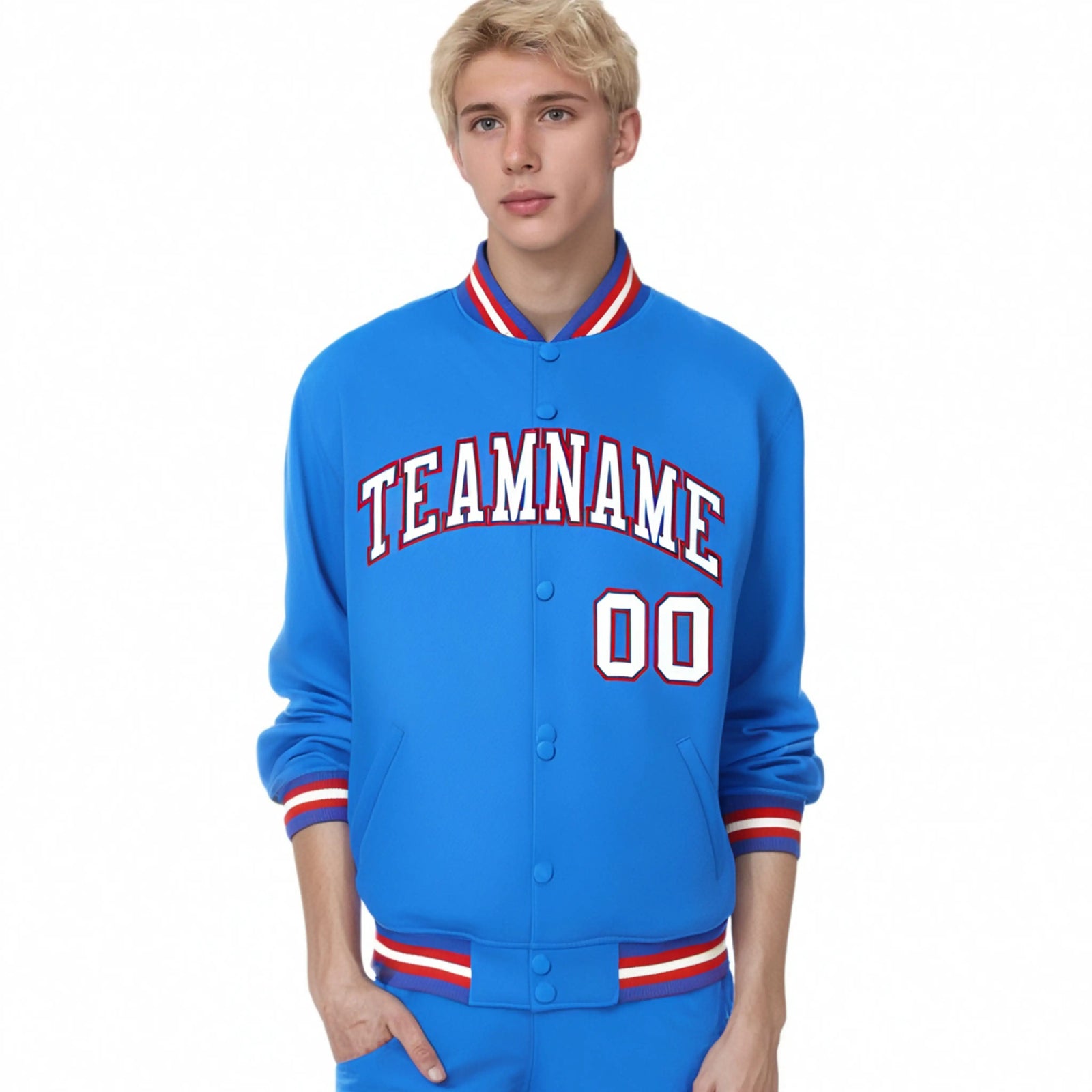 Custom Light Blue White-Red Bomber Full-Snap Varsity Letterman Jacket