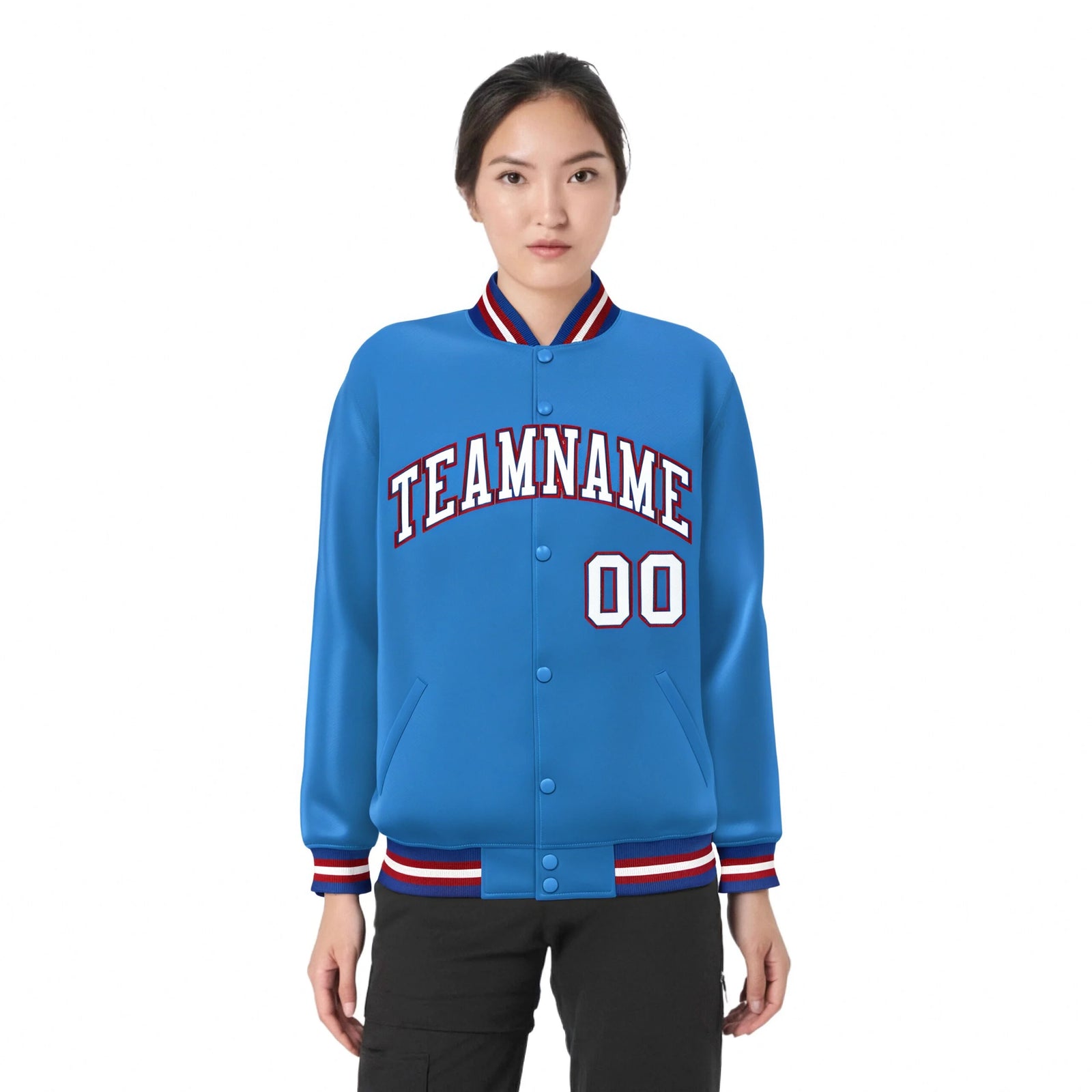 Custom Light Blue White-Red Bomber Full-Snap Varsity Letterman Jacket