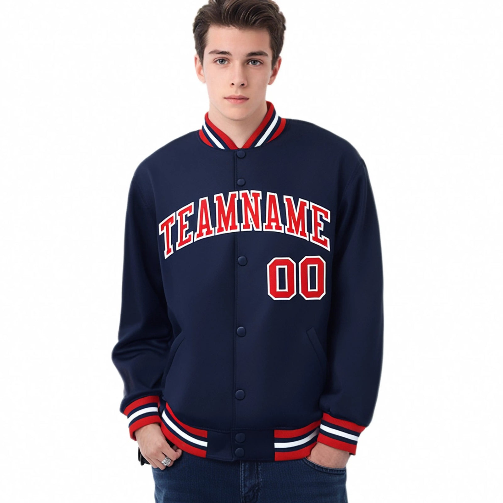 Custom Navy Red-White Bomber Full-Snap Varsity Letterman Jacket