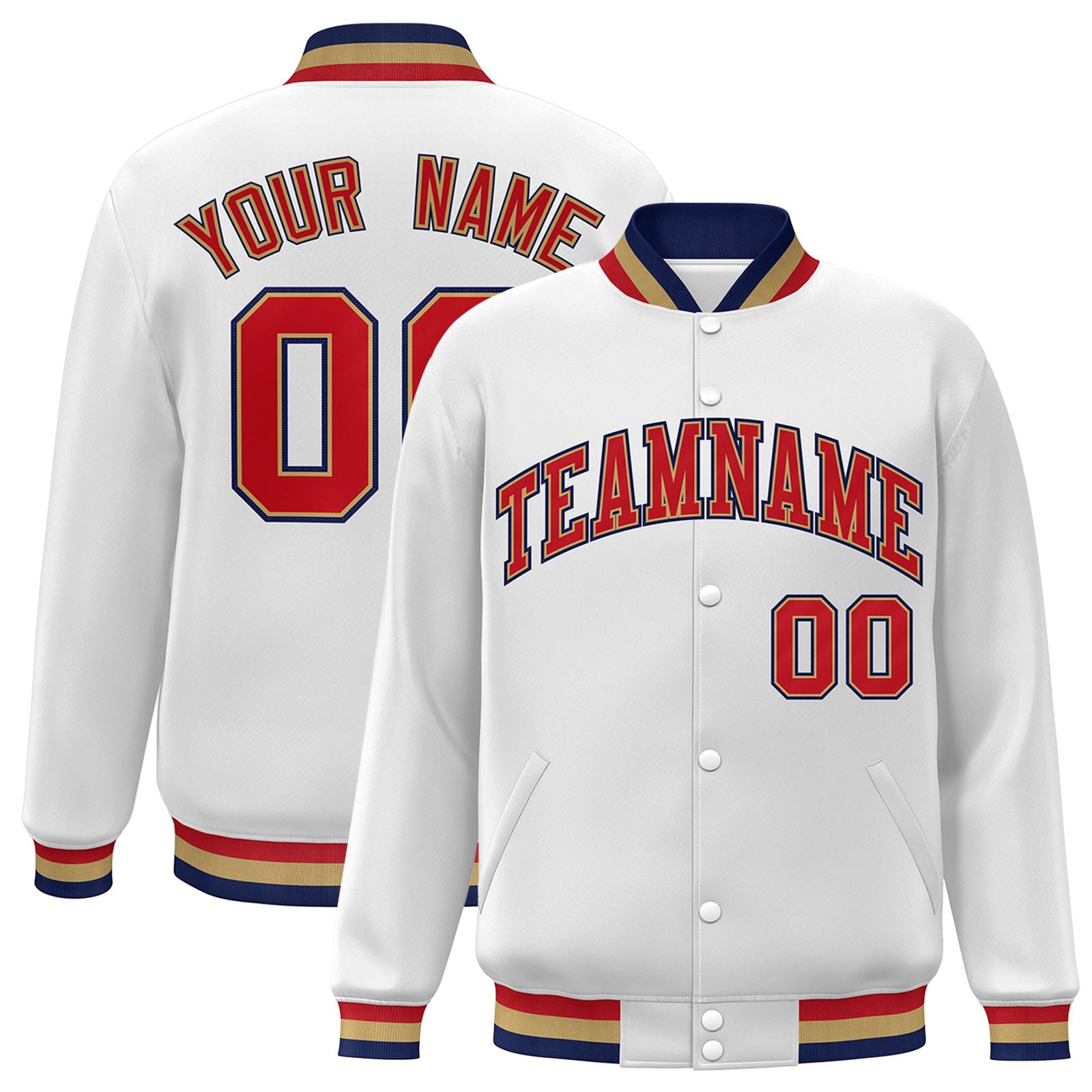 Custom White Red-Navy Old-Gold Bomber Full-Snap Varsity Letterman Jacket