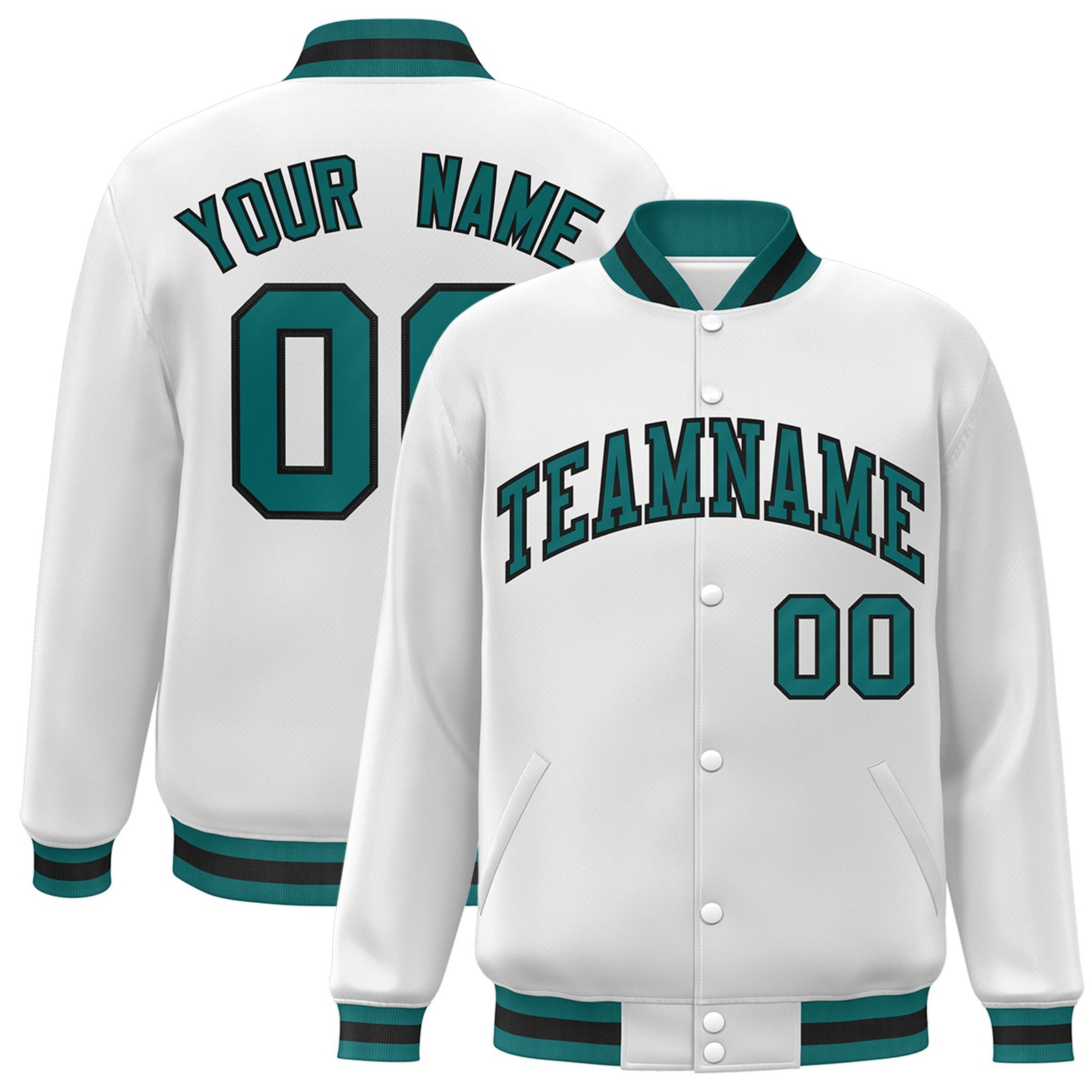 Custom White Aqua-Black Bomber Full-Snap Varsity Letterman Jacket
