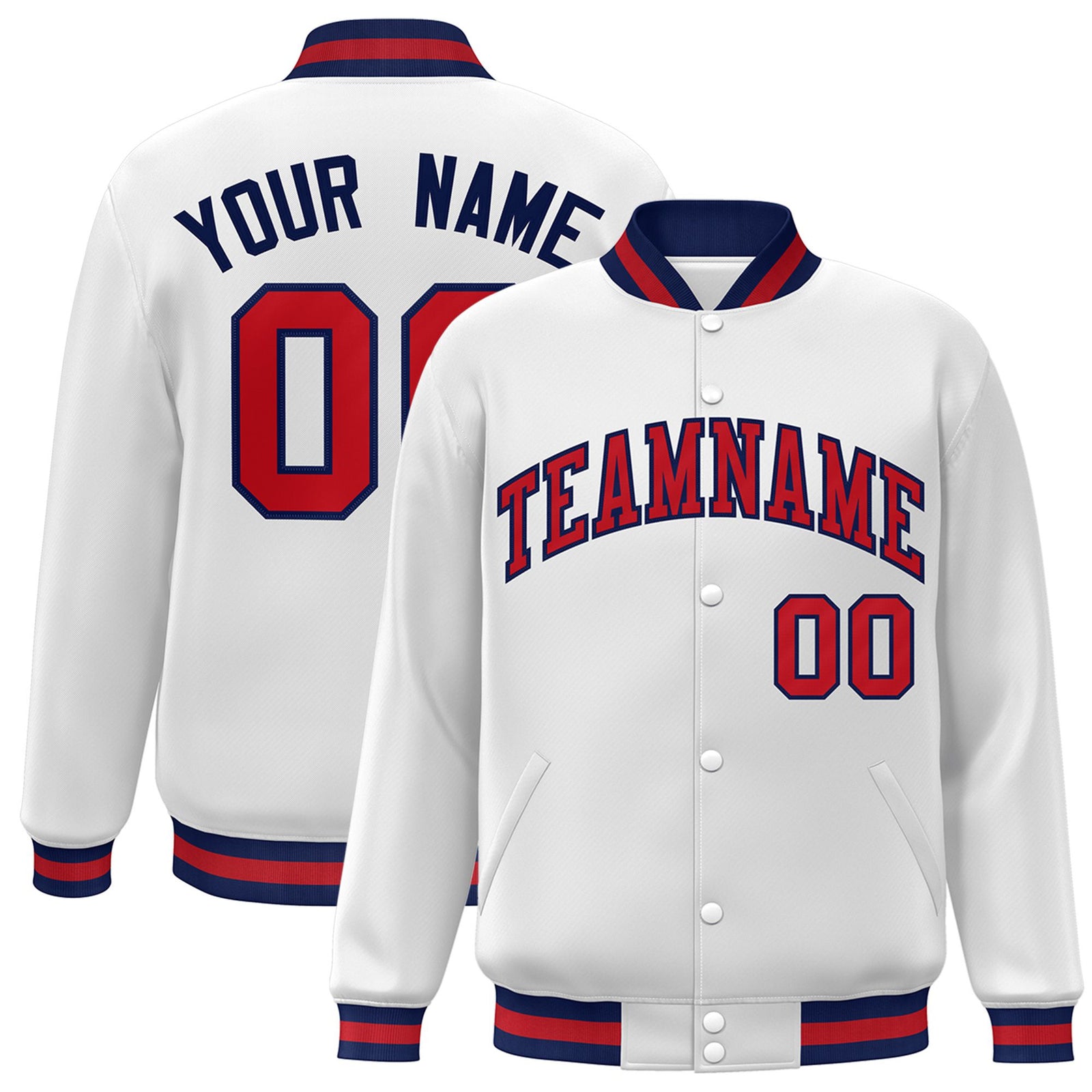 Custom White Red-Navy Bomber Full-Snap Varsity Letterman Jacket