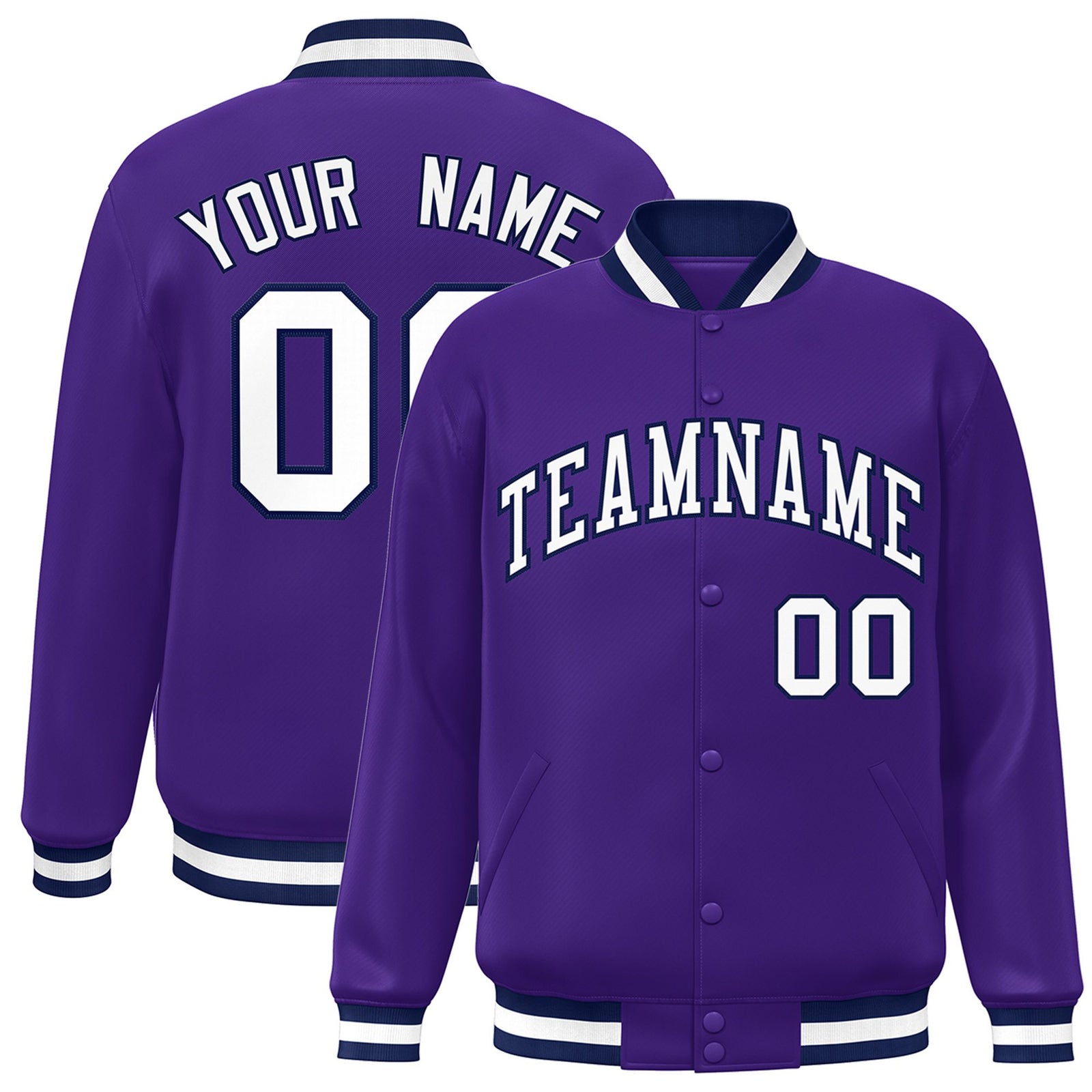 Custom Purple White-Navy Bomber Full-Snap Varsity Letterman Jacket