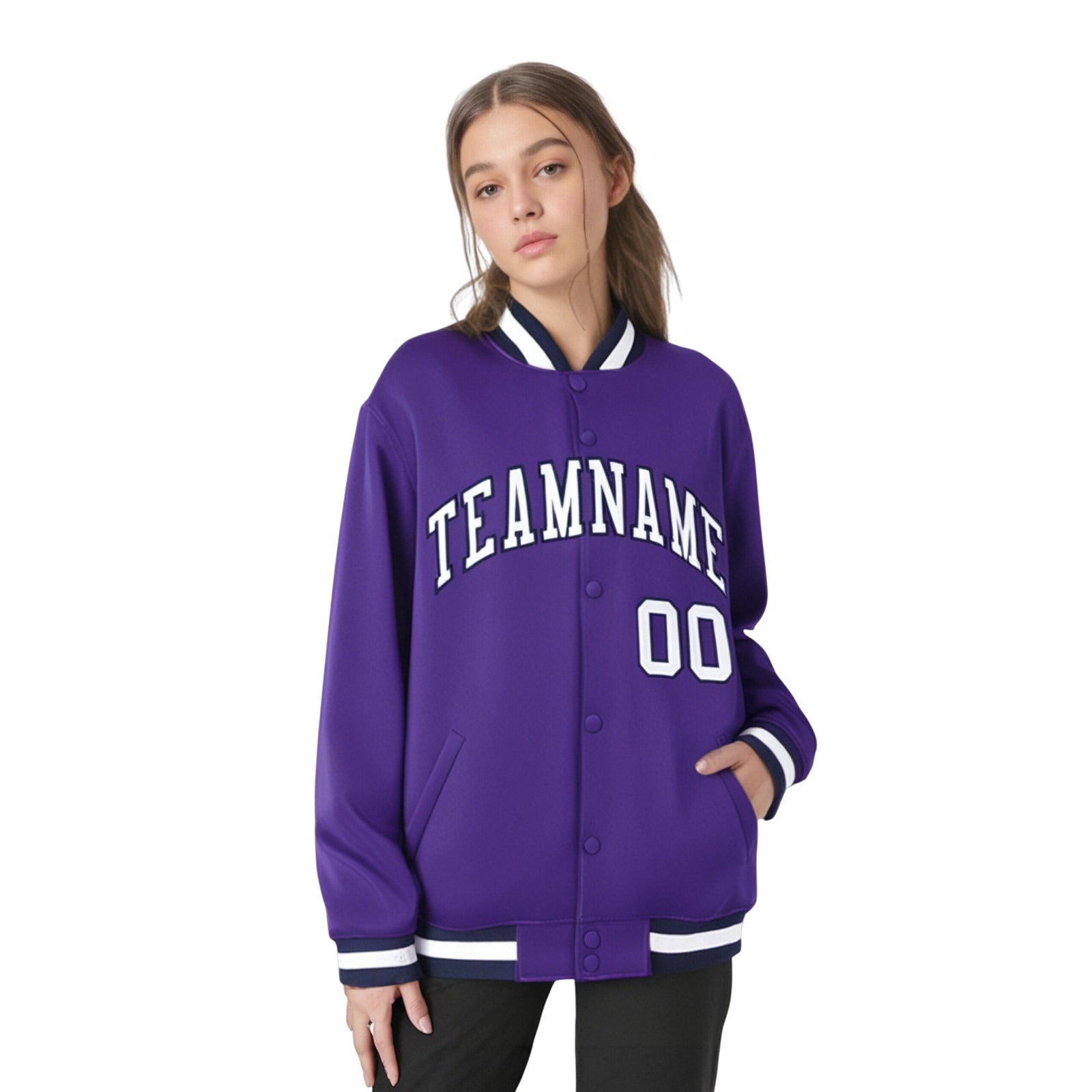 Custom Purple White-Navy Bomber Full-Snap Varsity Letterman Jacket