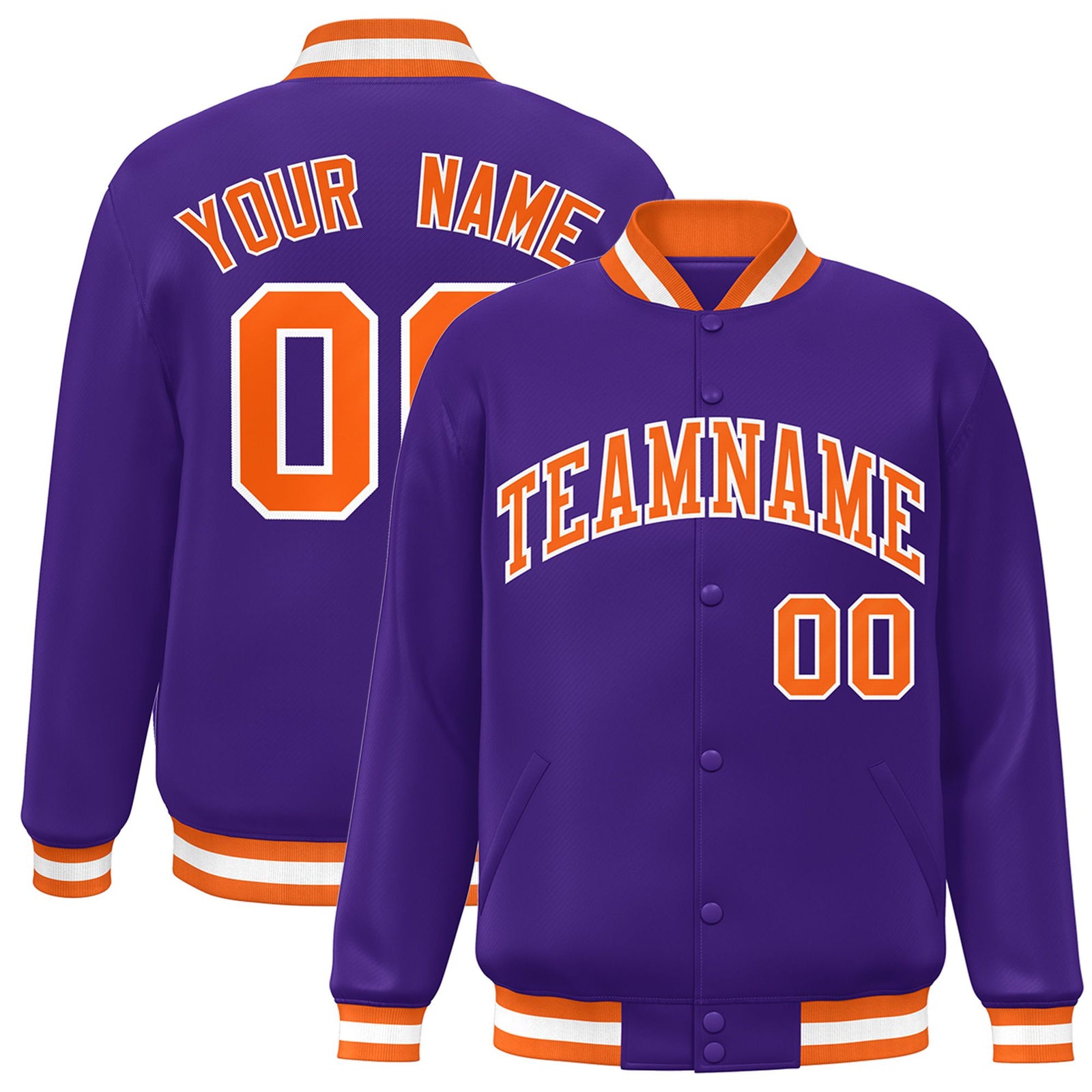 Custom Purple Orange-White Bomber Full-Snap Varsity Letterman Jacket