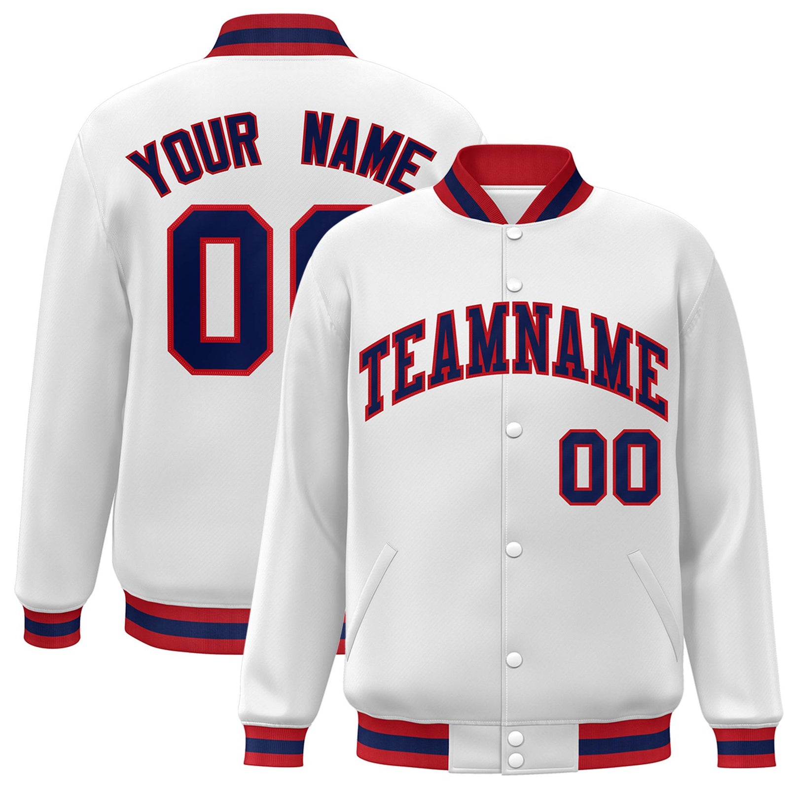 Custom White Navy-Red Bomber Full-Snap Varsity Letterman Jacket