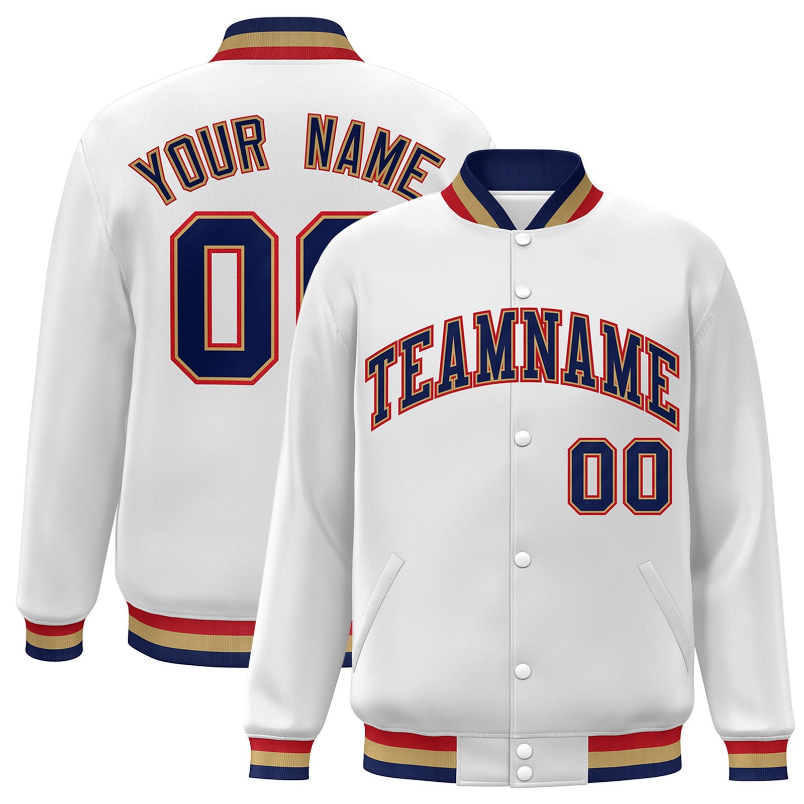 Custom White Navy Old-Gold Bomber Full-Snap Varsity Letterman Jacket