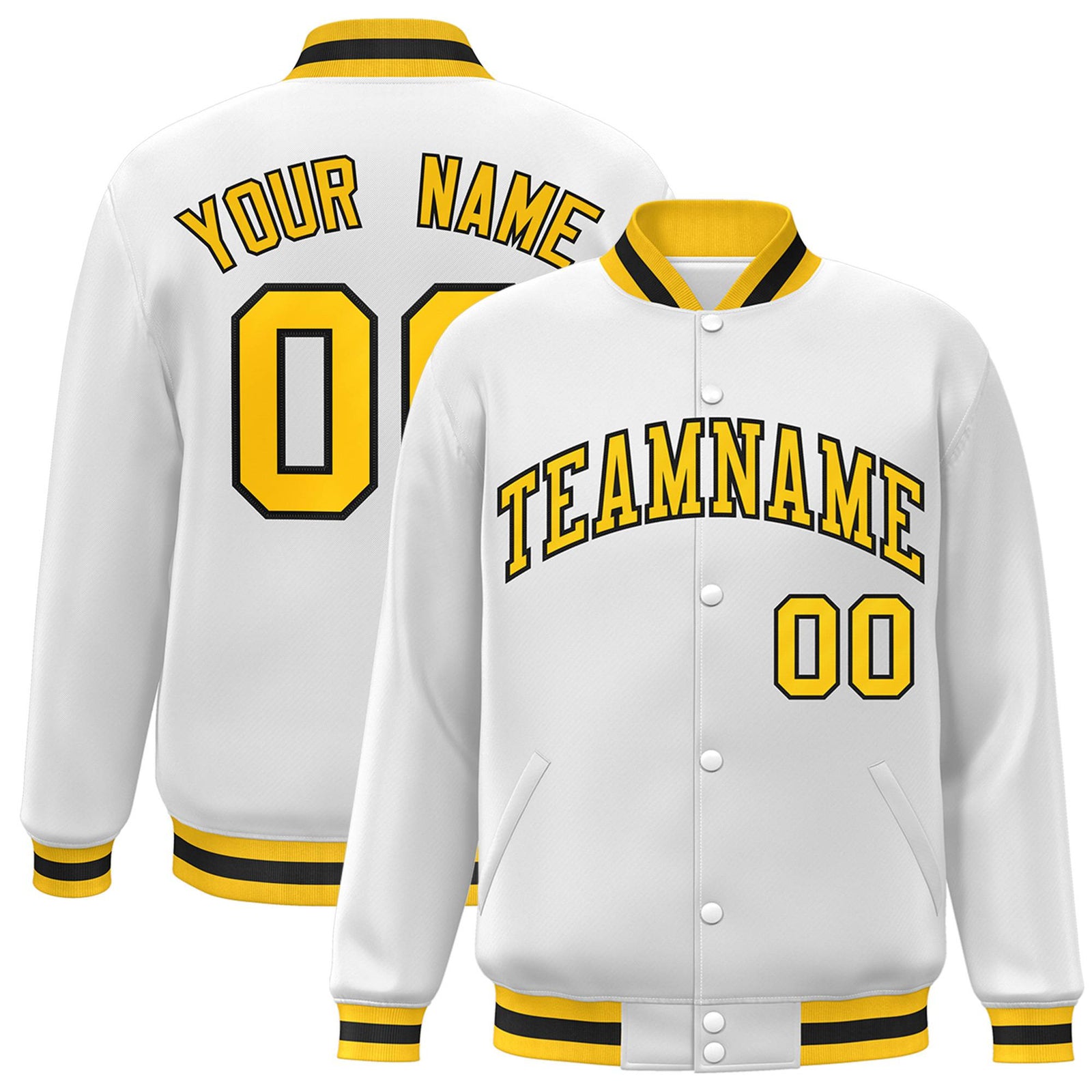 Custom White Yellow-Black Bomber Full-Snap Varsity Letterman Jacket