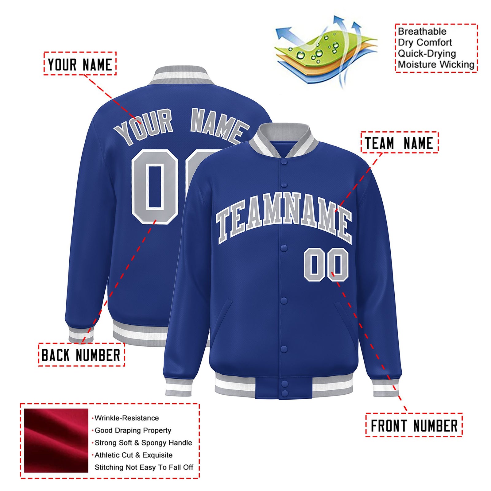 Custom Royal Blue Gray-White Bomber Full-Snap Varsity Letterman Jacket