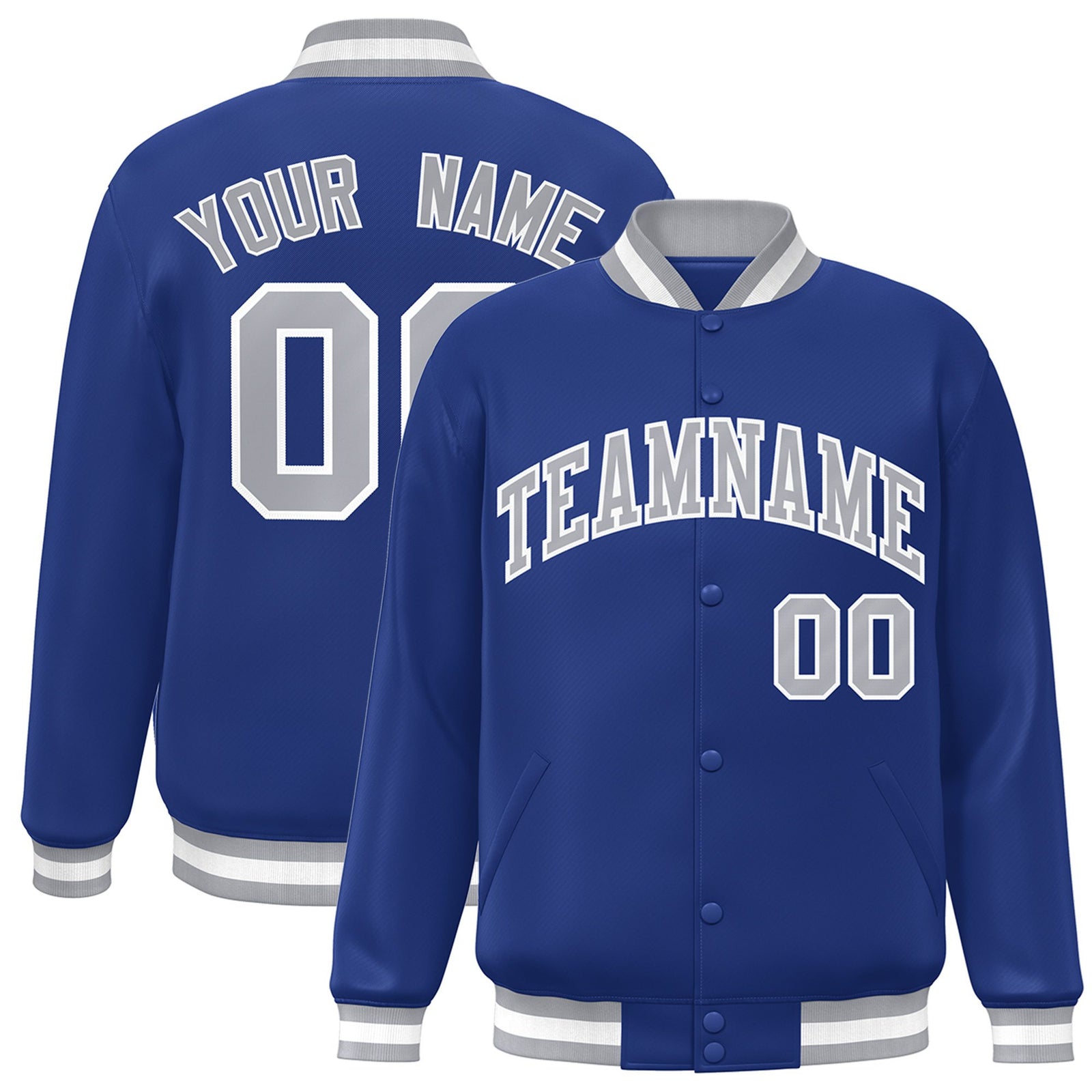 Custom Royal Blue Gray-White Bomber Full-Snap Varsity Letterman Jacket