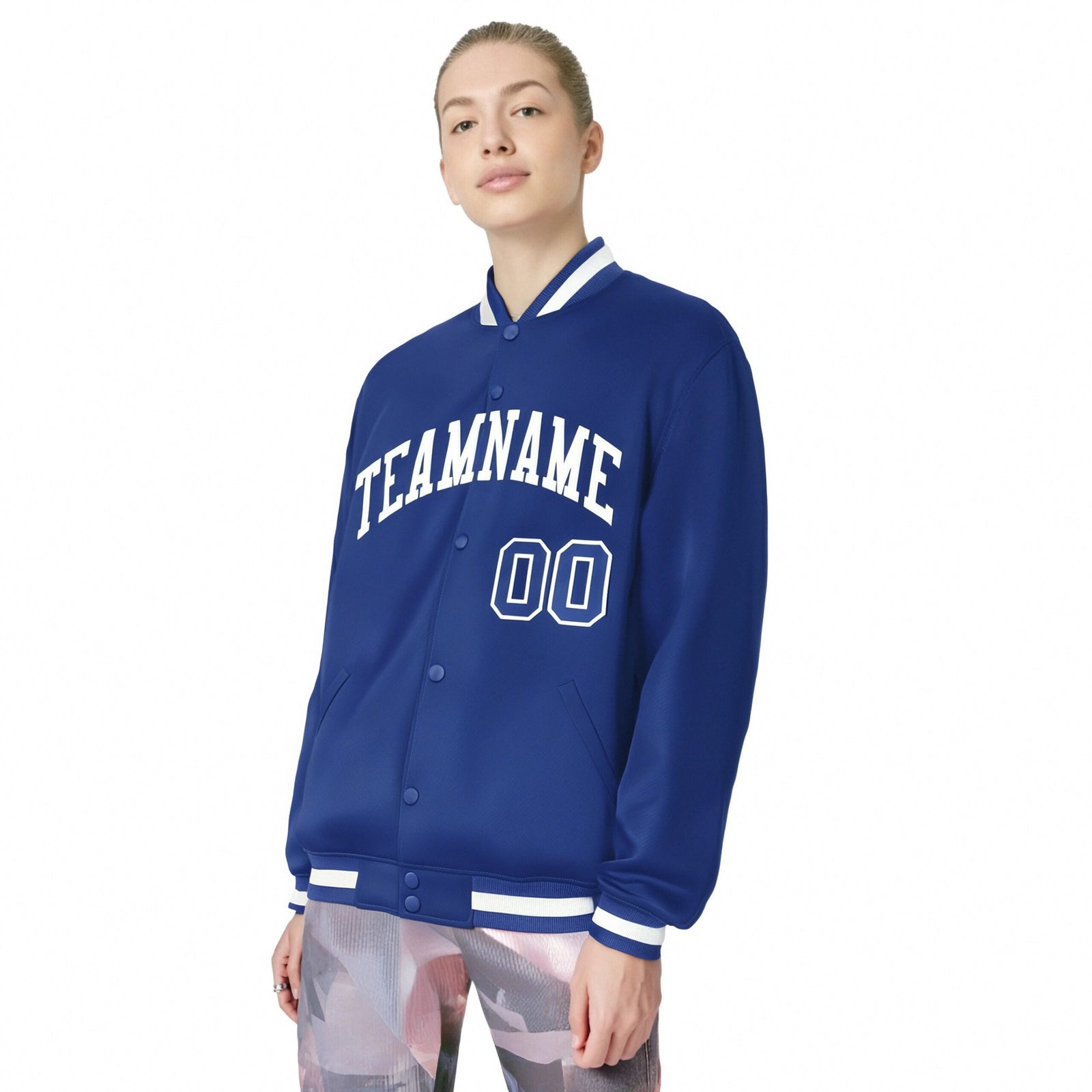 Custom Royal Blue White Bomber Full-Snap Varsity Letterman Jacket