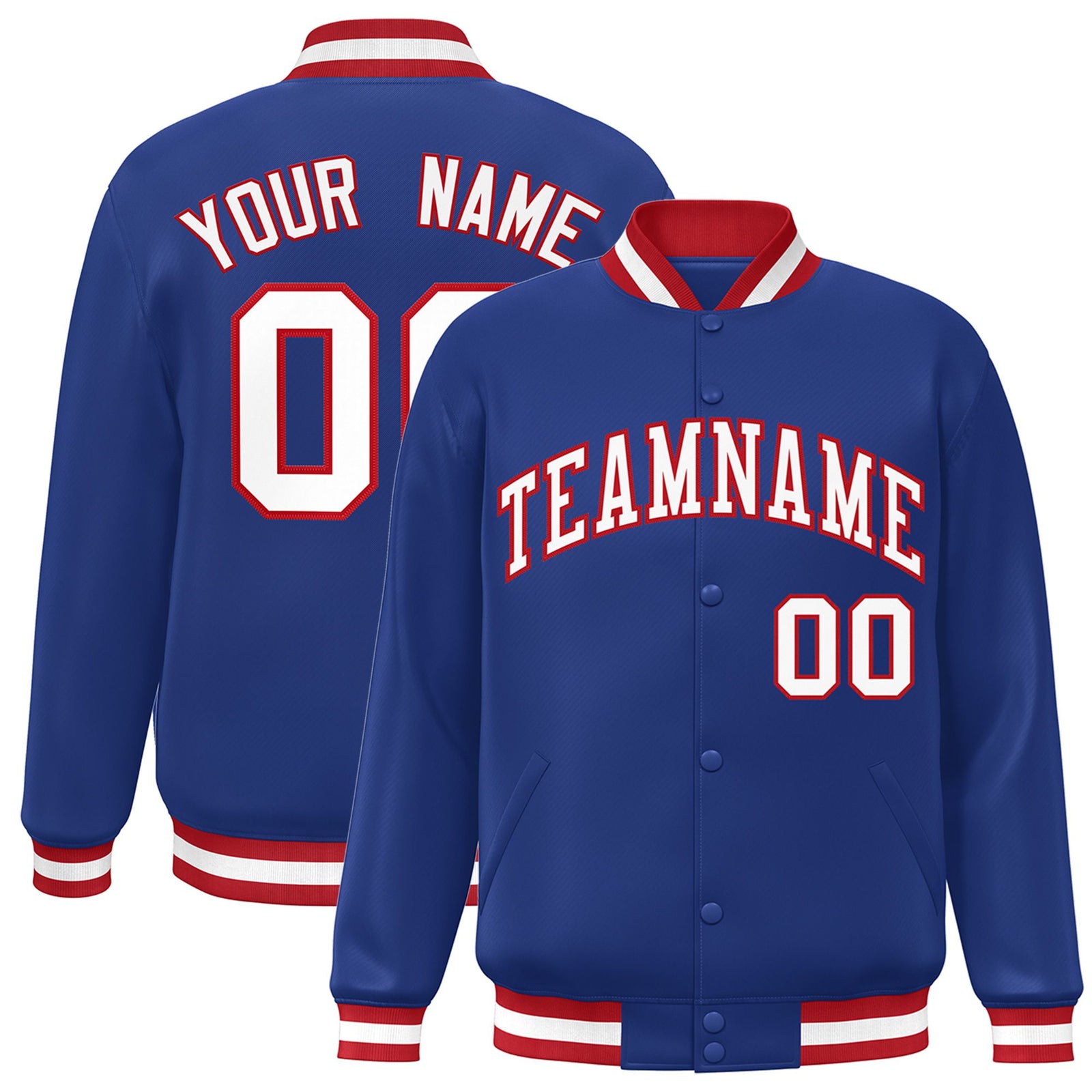 Custom Royal Blue White-Red Bomber Full-Snap Varsity Letterman Jacket