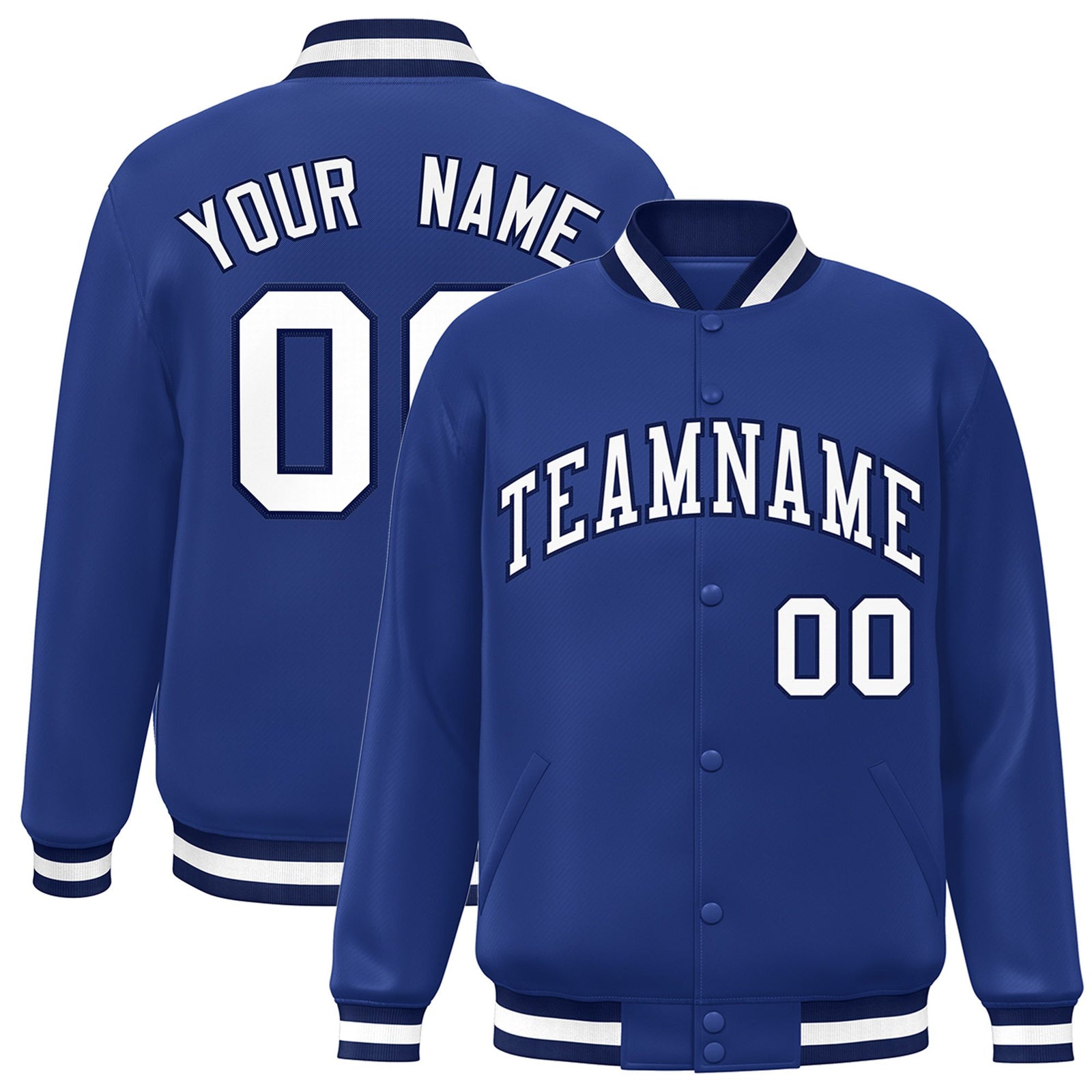 Custom Royal Blue Black-White Bomber Full-Snap Varsity Letterman Jacket