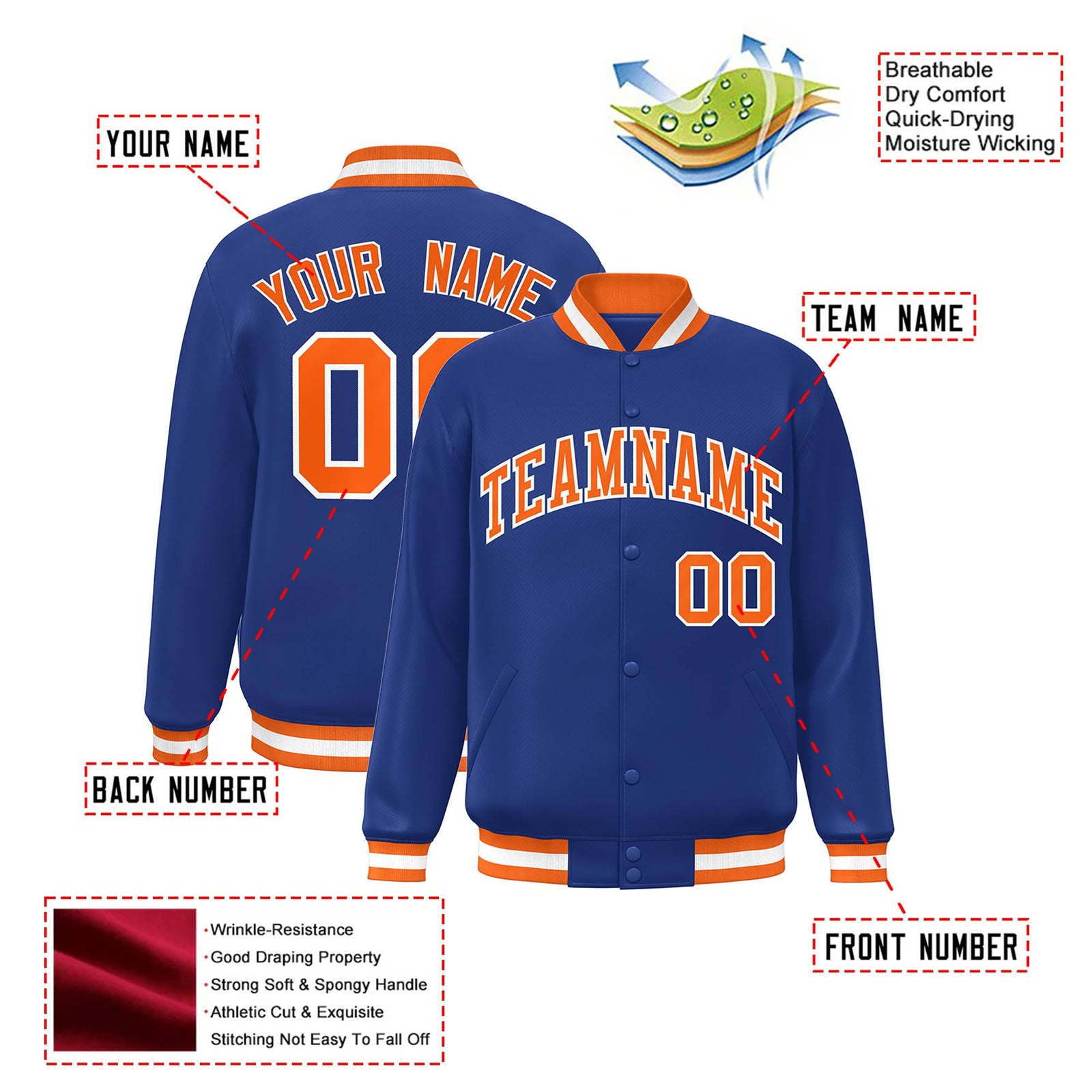 Custom Royal Blue Orange-White Bomber Full-Snap Varsity Letterman Jacket