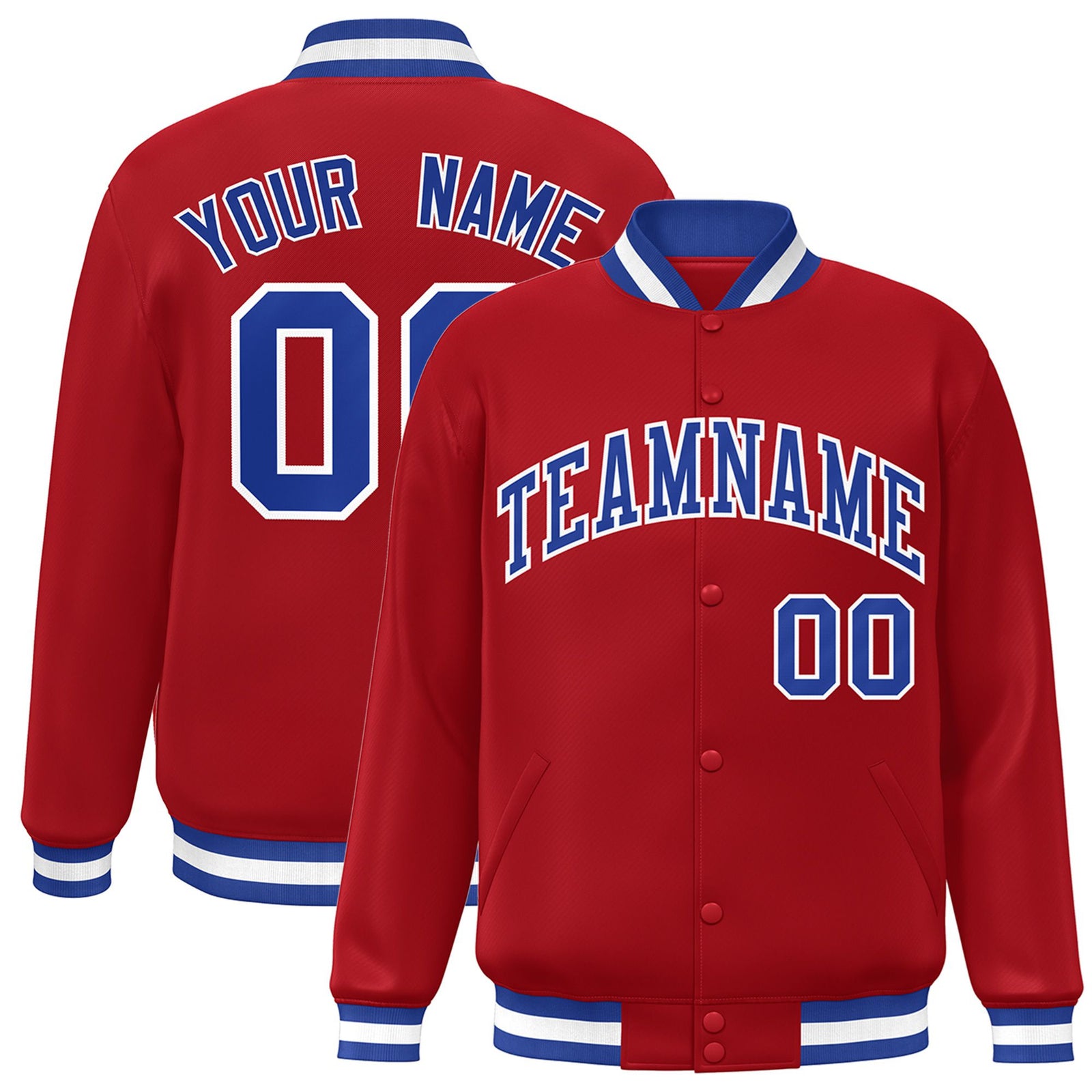 Custom Royal-Red Royal-Blue White Bomber Full-Snap Varsity Letterman Jacket