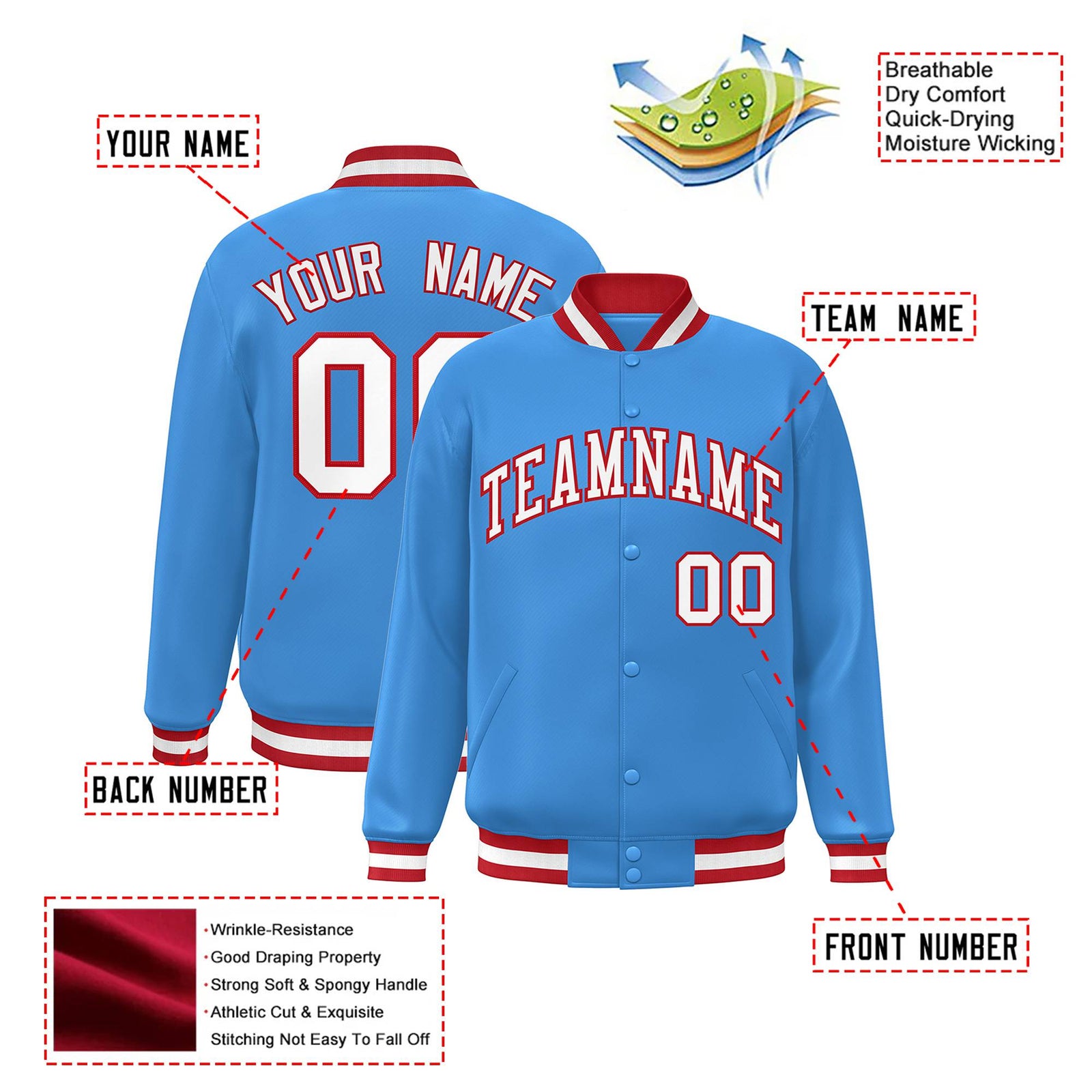 Custom Light-Blue White-Red Bomber Full-Snap Varsity Letterman Jacket