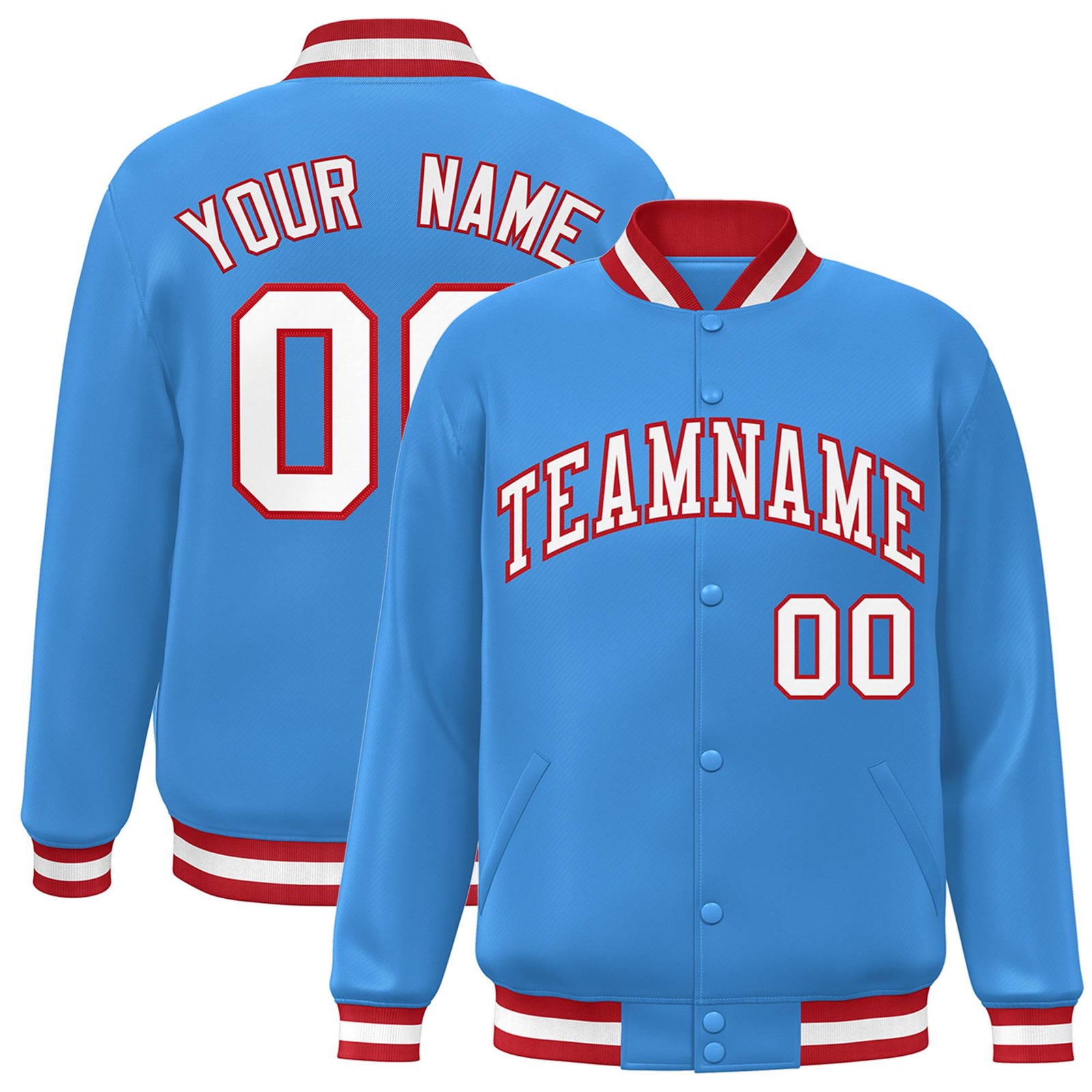 Custom Light-Blue White-Red Bomber Full-Snap Varsity Letterman Jacket