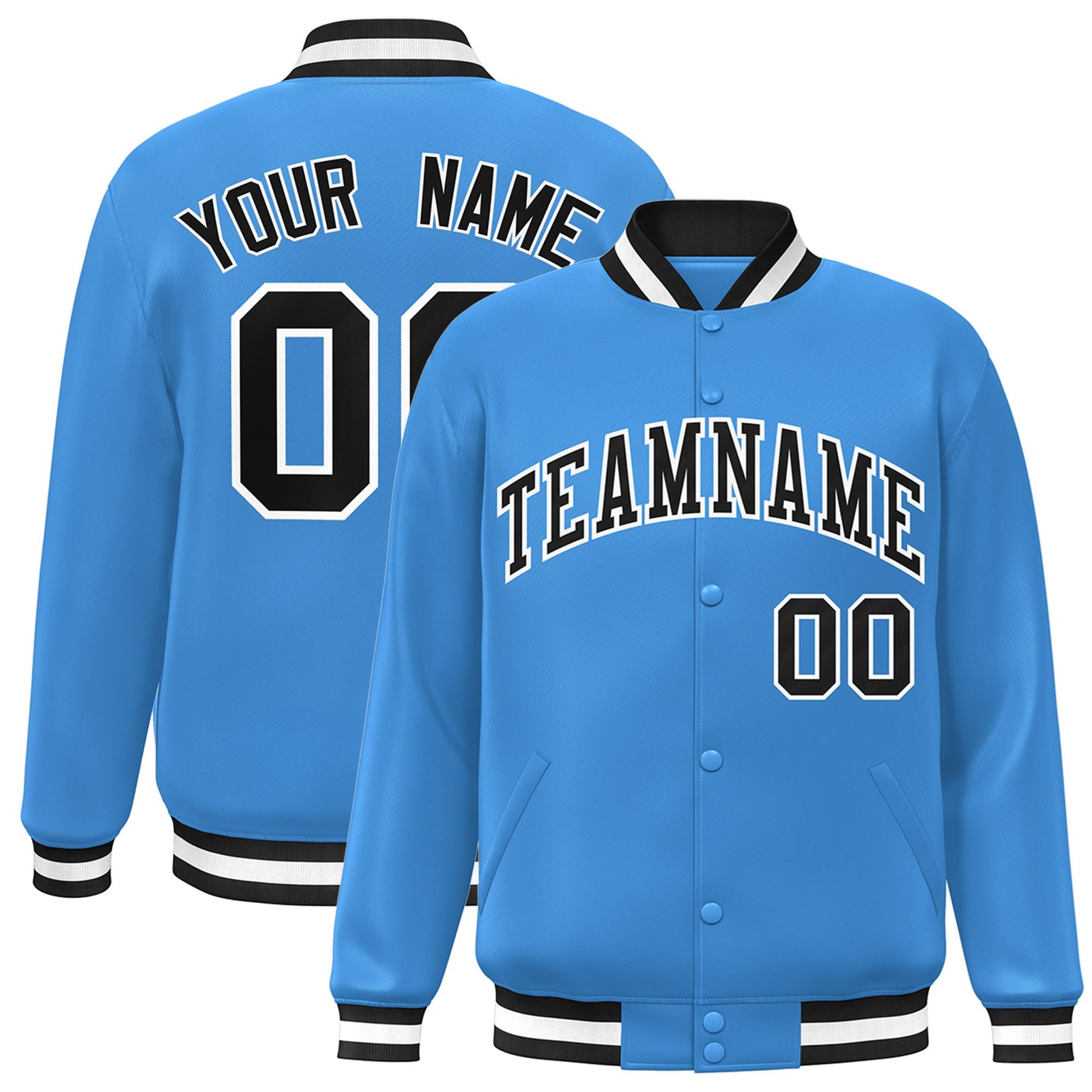 Custom Light-Blue Black-White Bomber Full-Snap Varsity Letterman Jacket
