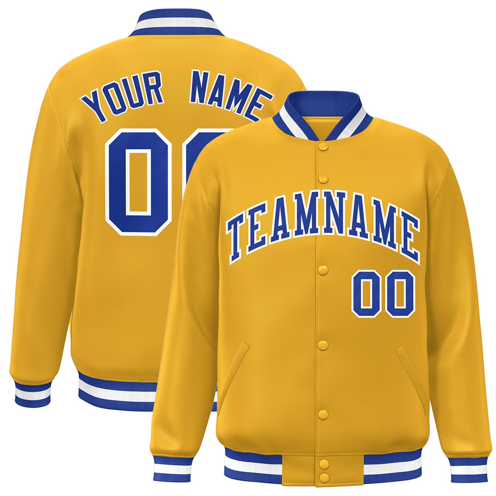 Custom Yellow Royal-Blue White Bomber Full-Snap Varsity Letterman Jacket
