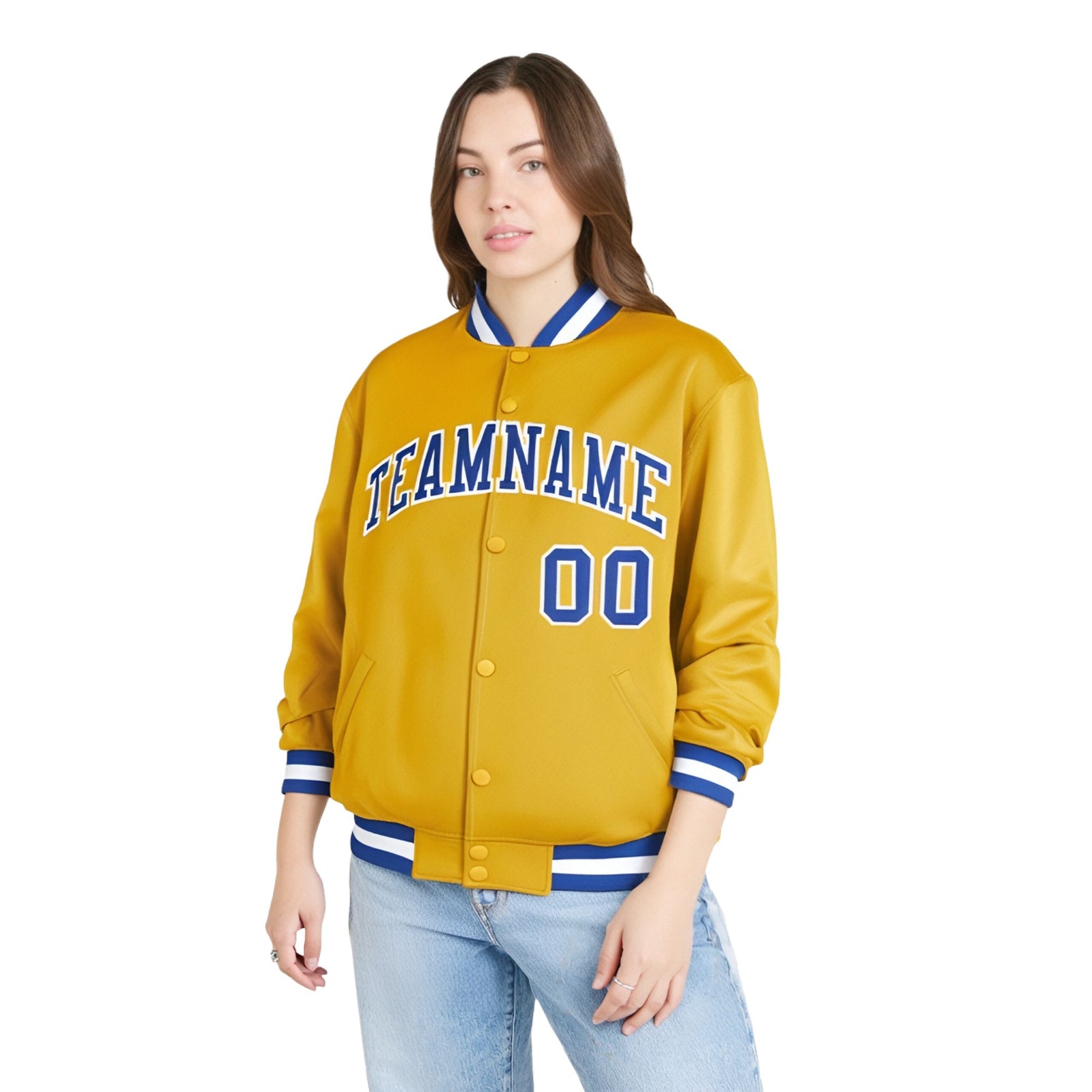 Custom Yellow Royal-Blue White Bomber Full-Snap Varsity Letterman Jacket