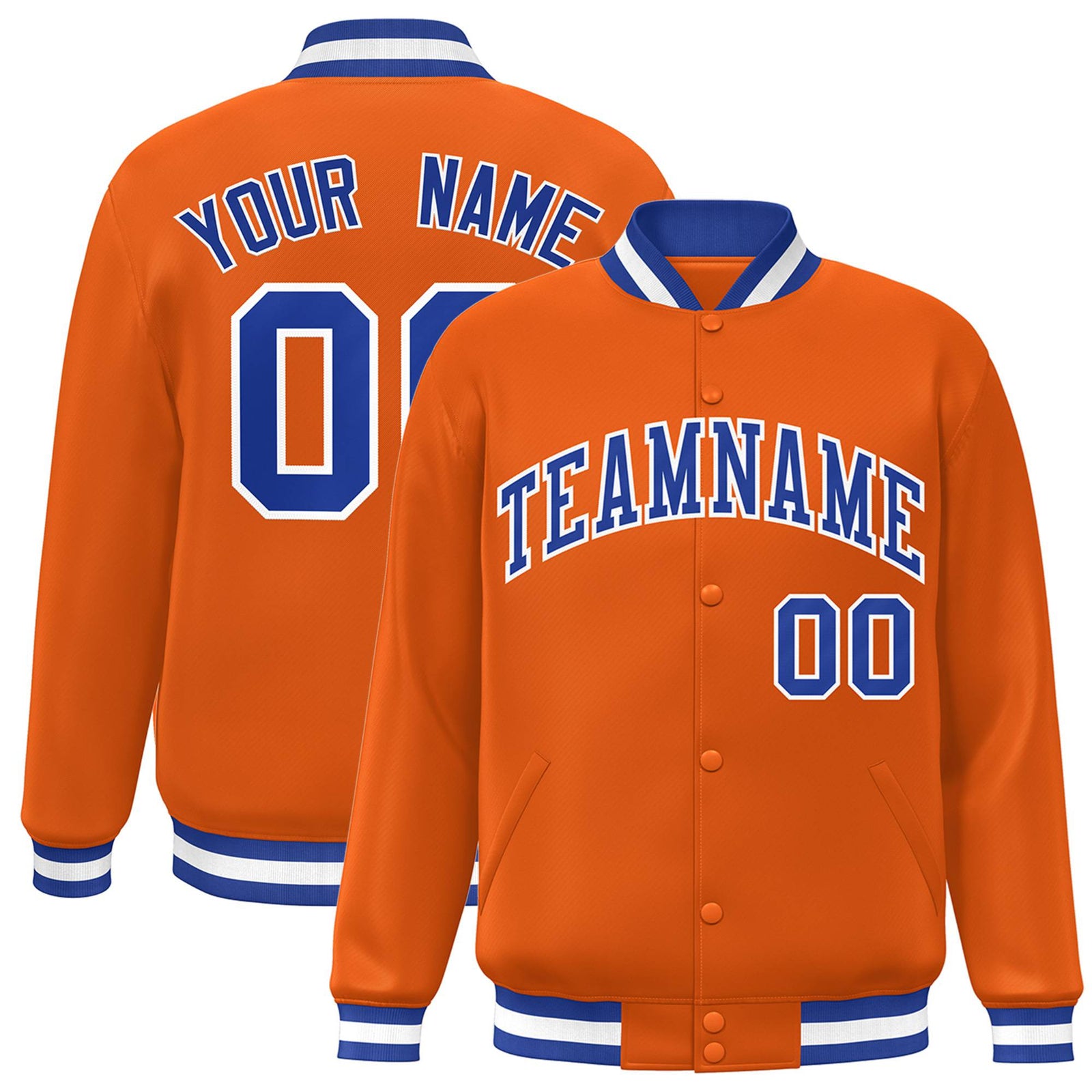 Custom Orange Thunder-Blue White Bomber Full-Snap Varsity Letterman Jacket