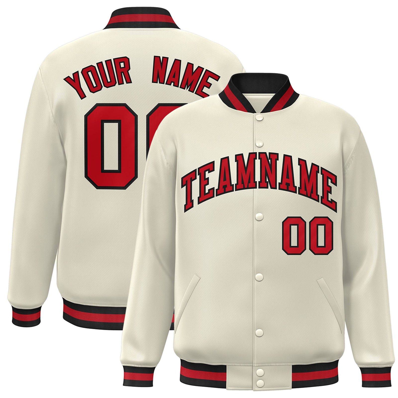 Custom Cream Red Black Bomber Full-Snap Varsity Letterman Jacket