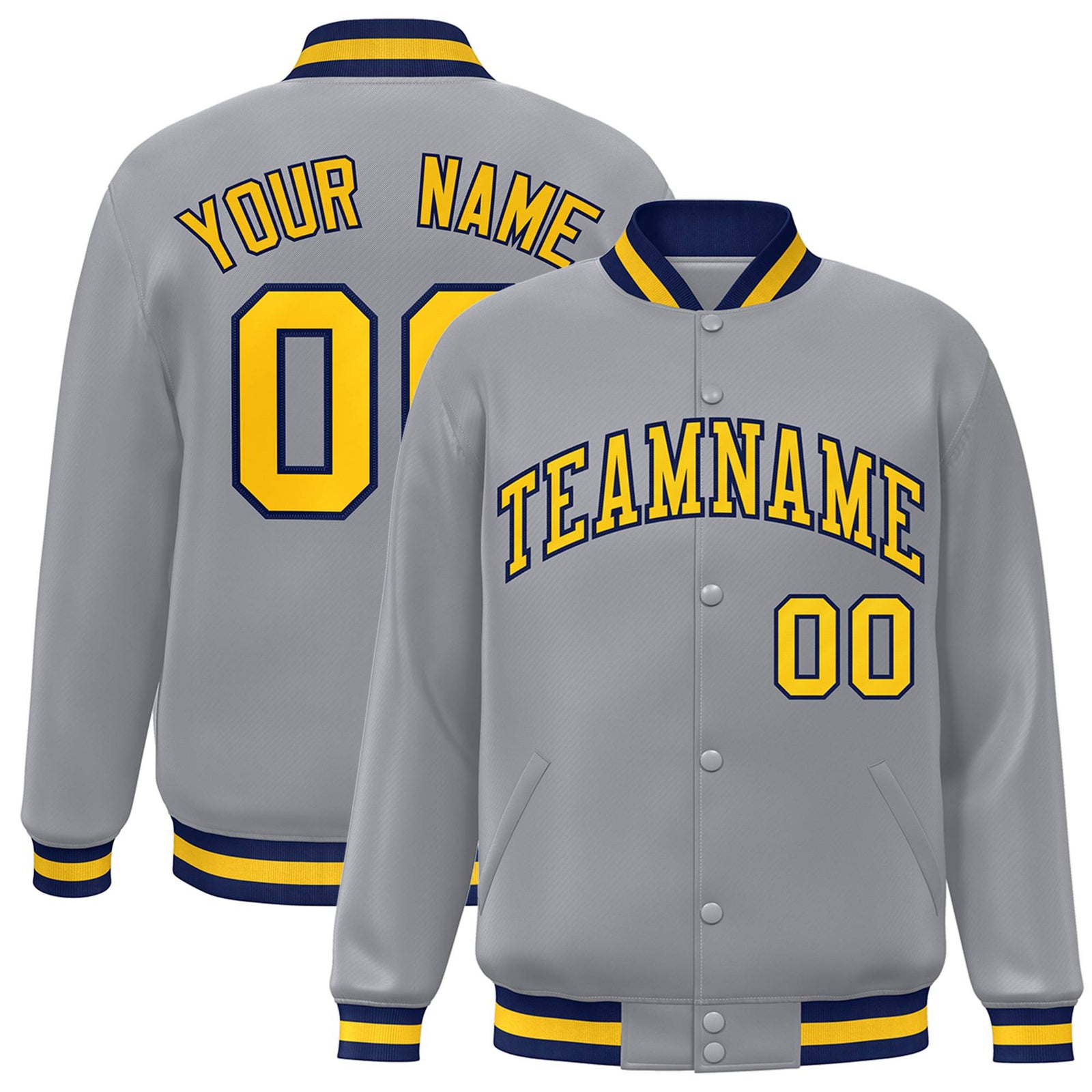 Custom Gray Yellow-Navy Bomber Full-Snap Varsity Letterman Jacket