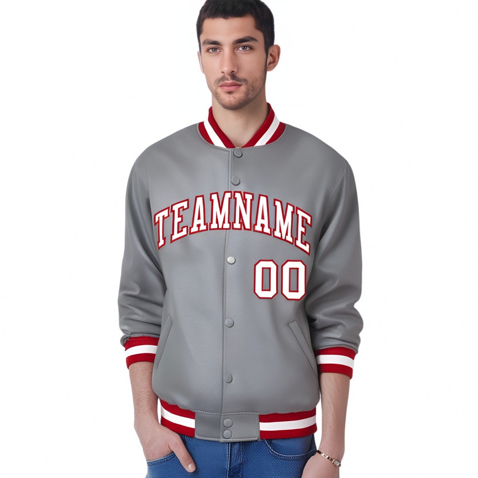 Custom Gray White-Red Bomber Full-Snap Varsity Letterman Jacket