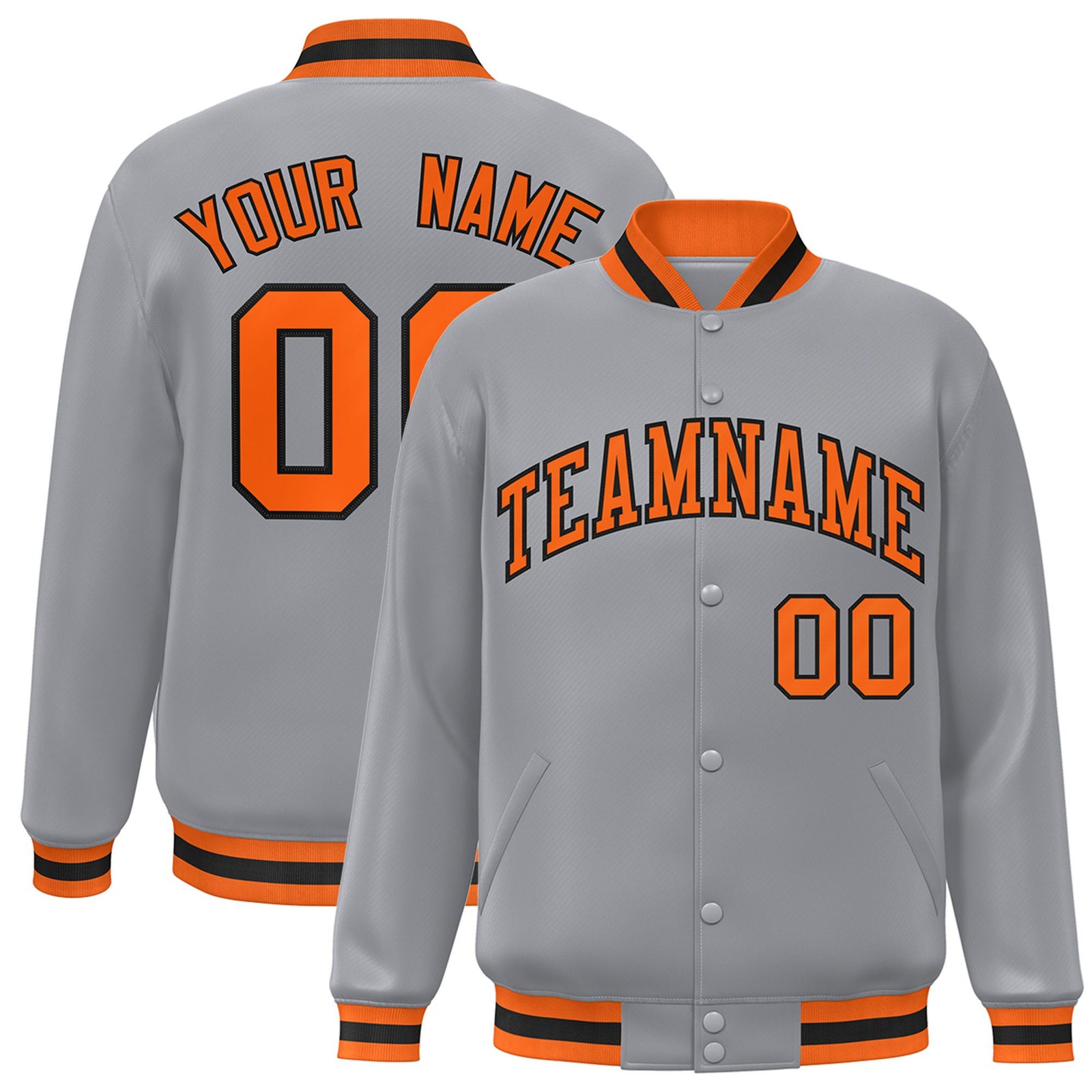 Custom Gray Orange-Black Bomber Full-Snap Varsity Letterman Jacket