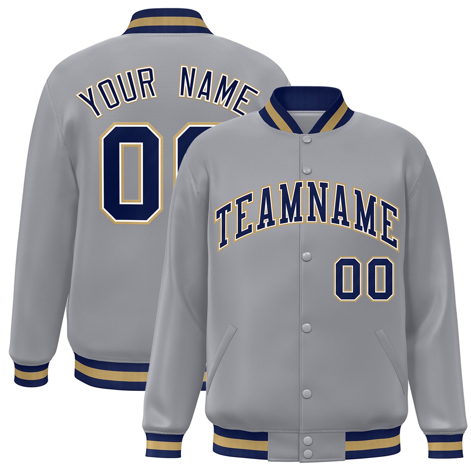 Custom Gray Navy Old-Gold Bomber Full-Snap Varsity Letterman Jacket