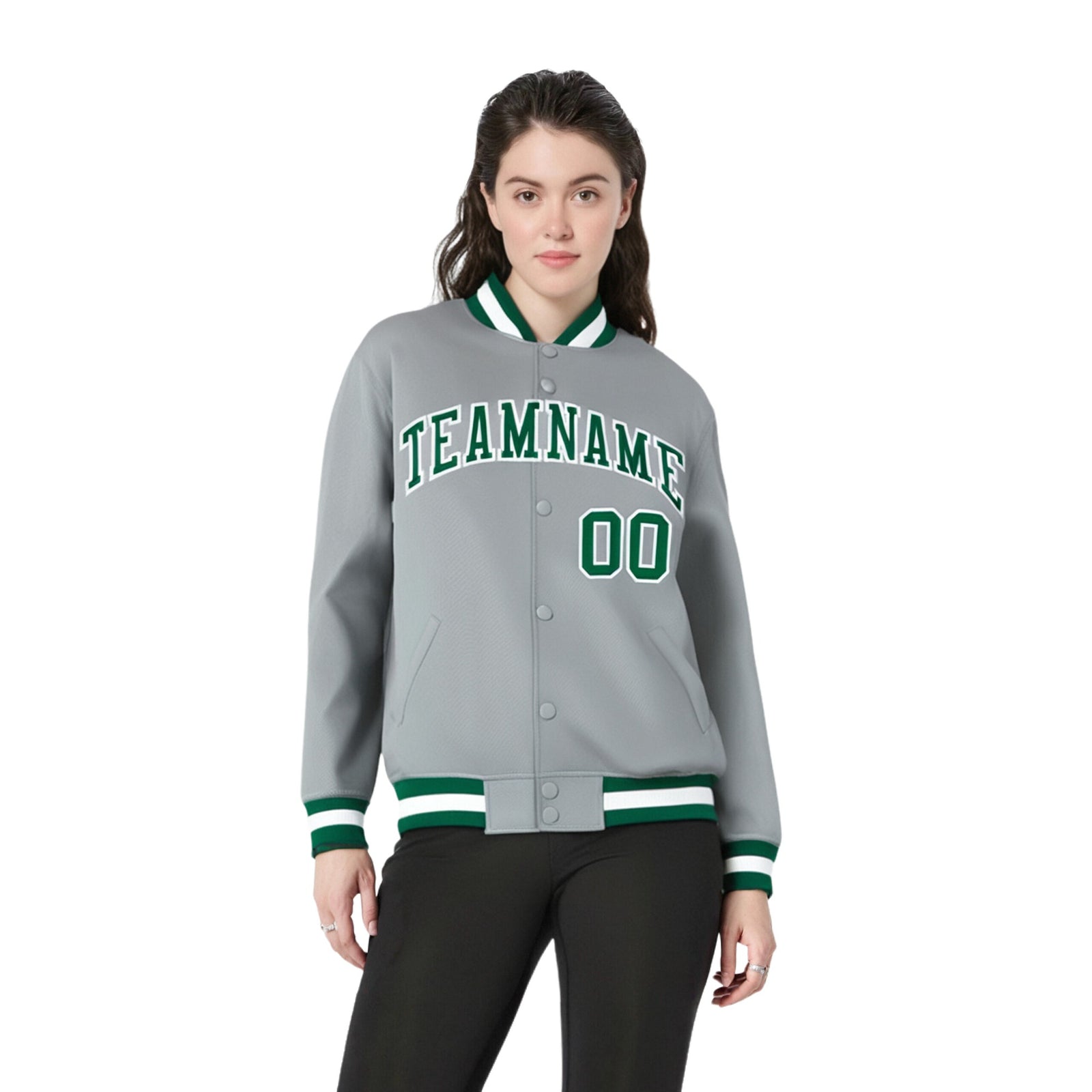 Custom Gray Neon-Green White Bomber Full-Snap Varsity Letterman Jacket