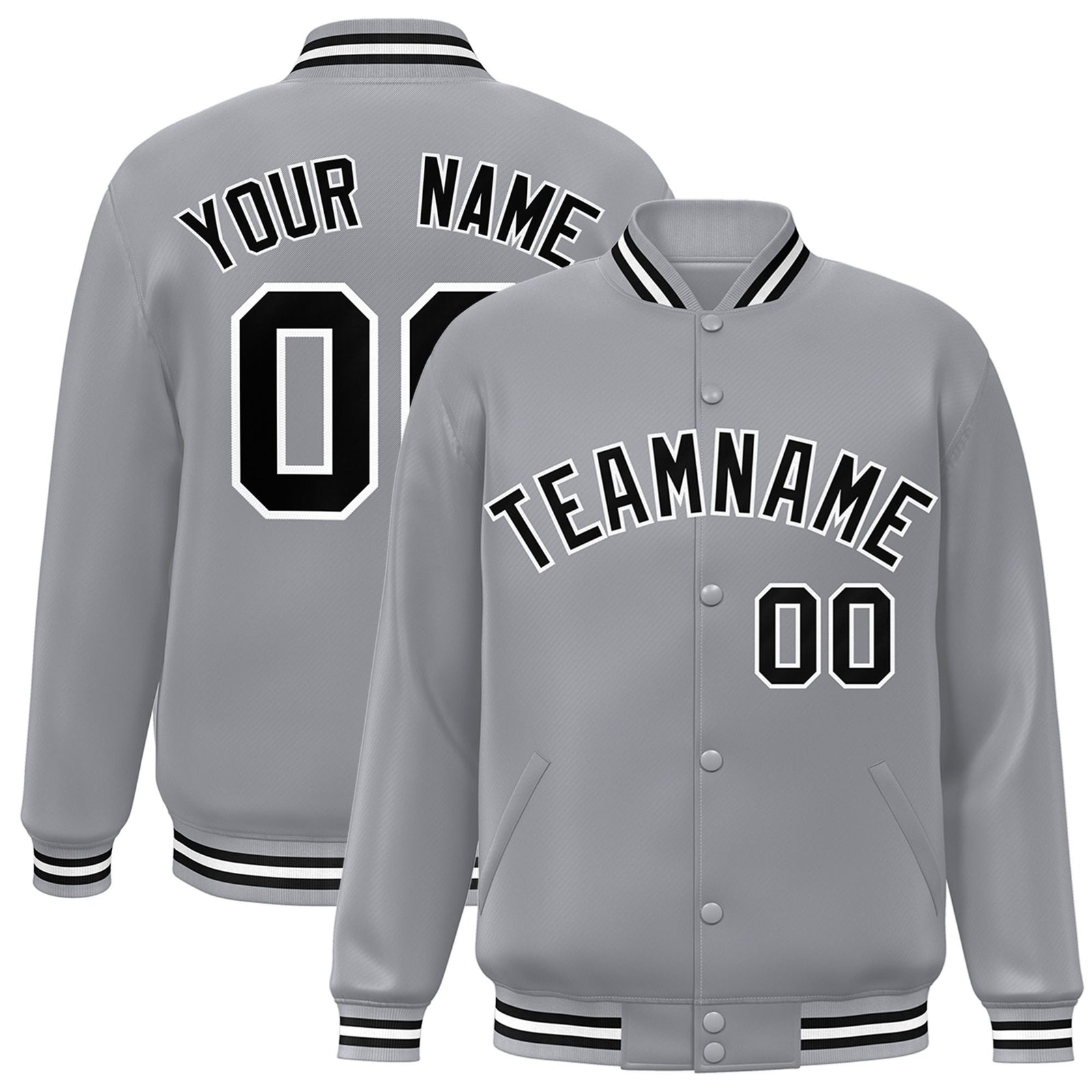 Custom Gray Black-White Bomber Full-Snap Varsity Letterman Jacket