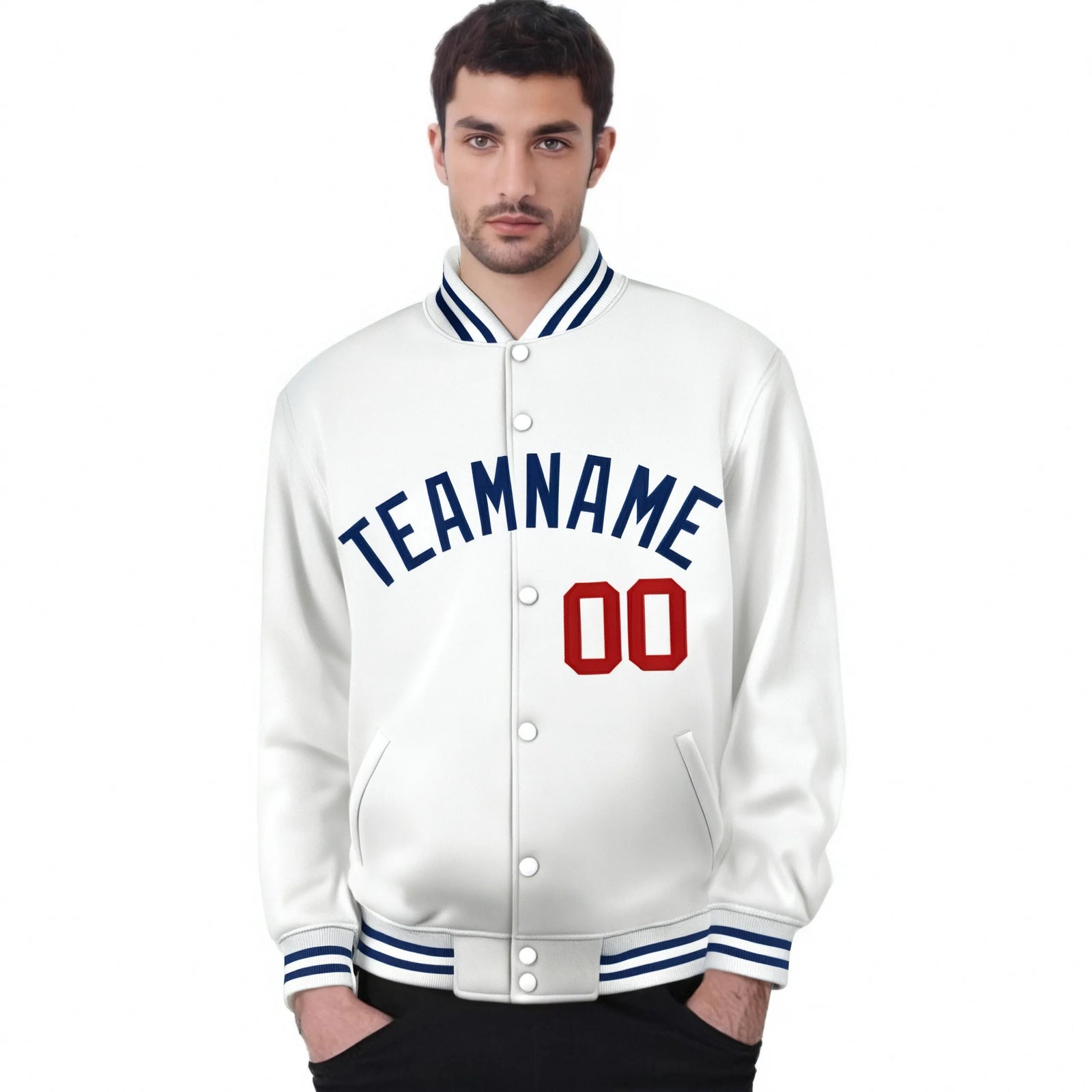 Custom White Navy-Red Bomber Full-Snap Varsity Letterman Jacket