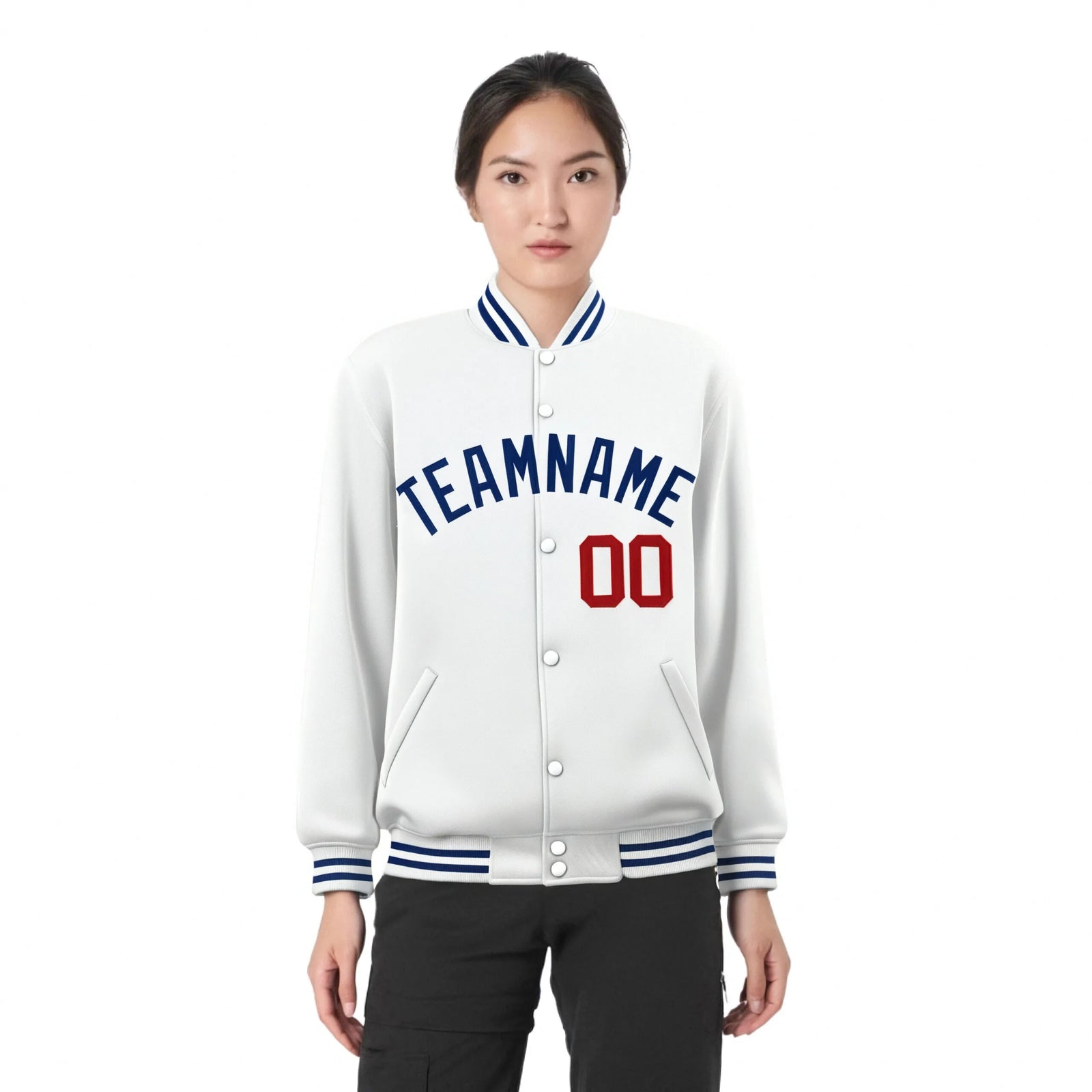 Custom White Navy-Red Bomber Full-Snap Varsity Letterman Jacket