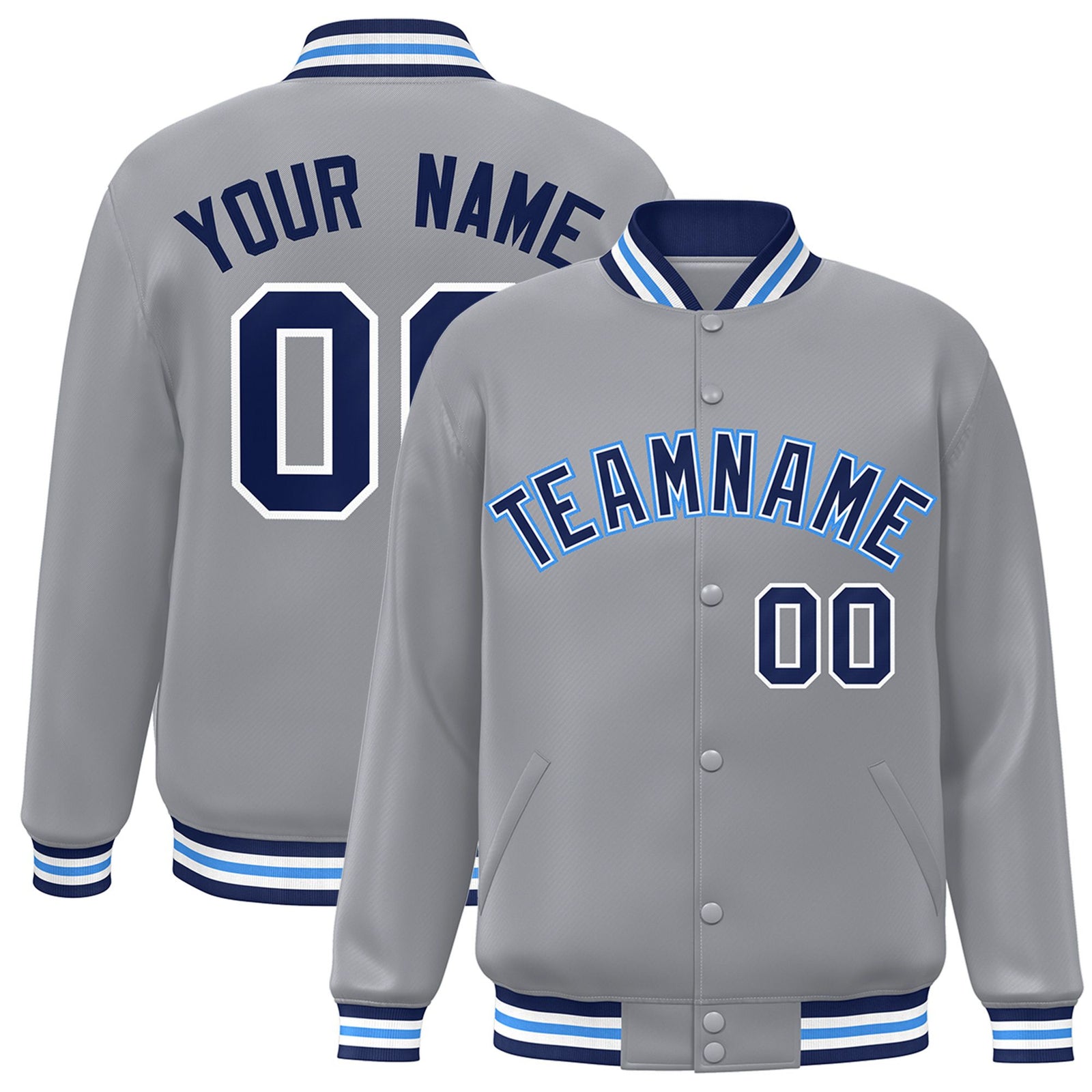 Custom Gray Navy-White Bomber Full-Snap Varsity Letterman Jacket