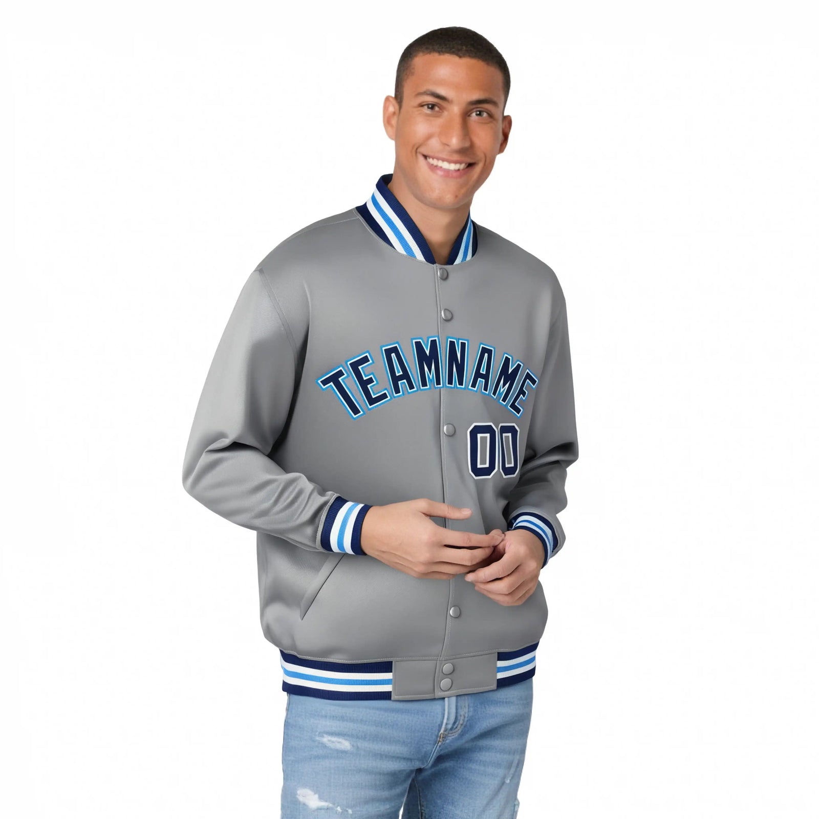 Custom Gray Navy-White Bomber Full-Snap Varsity Letterman Jacket