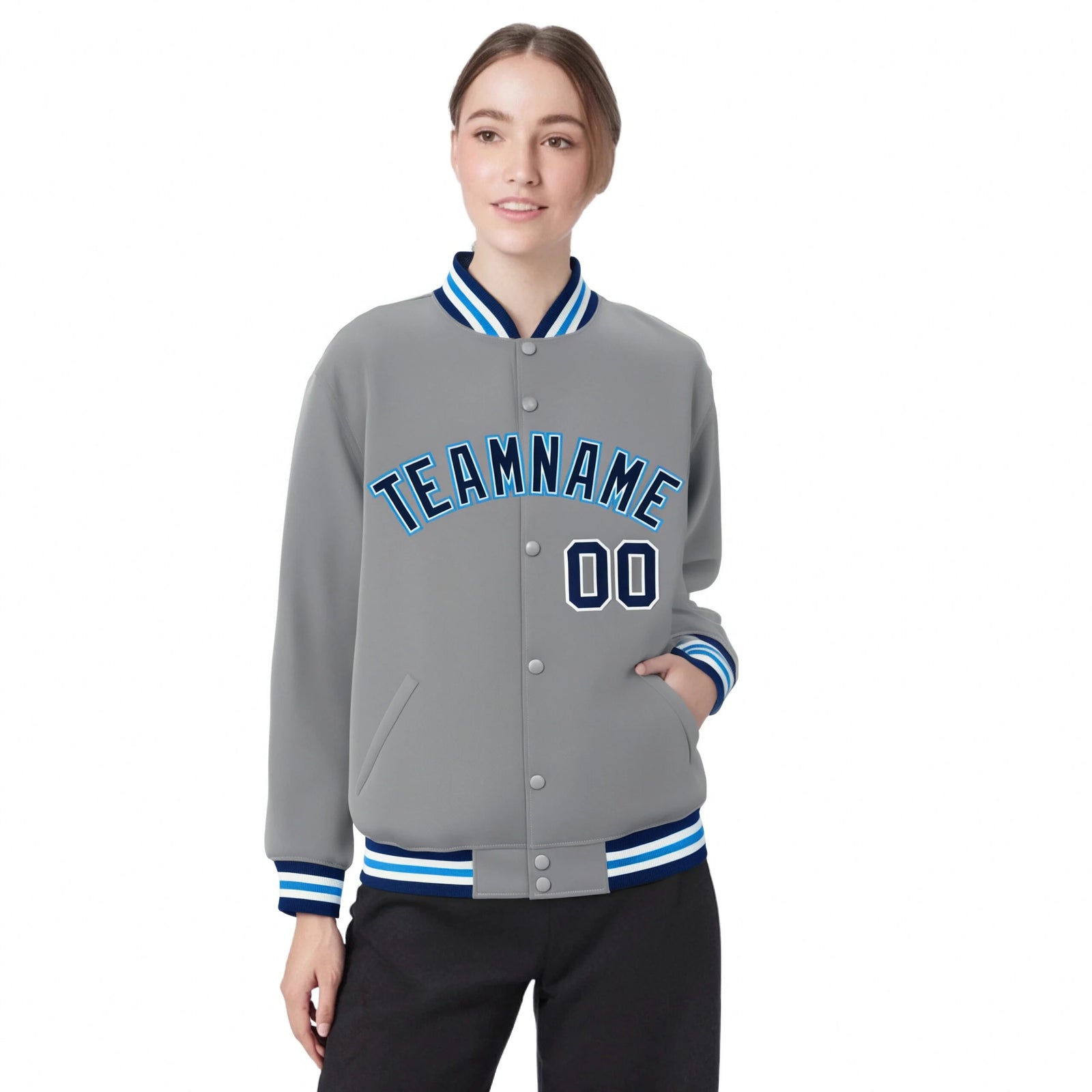 Custom Gray Navy-White Bomber Full-Snap Varsity Letterman Jacket