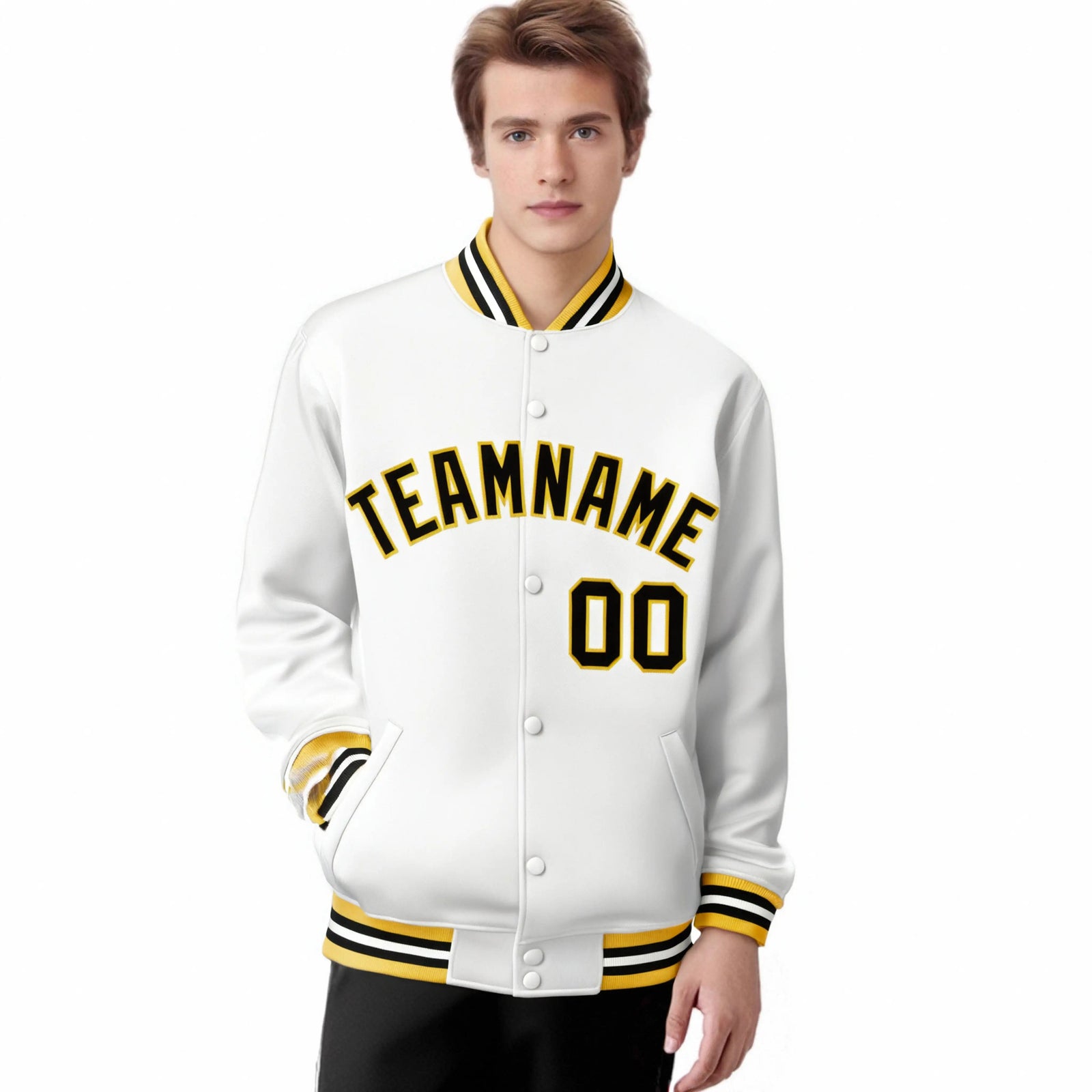 Custom White Black-Gold Bomber Full-Snap Varsity Letterman Jacket