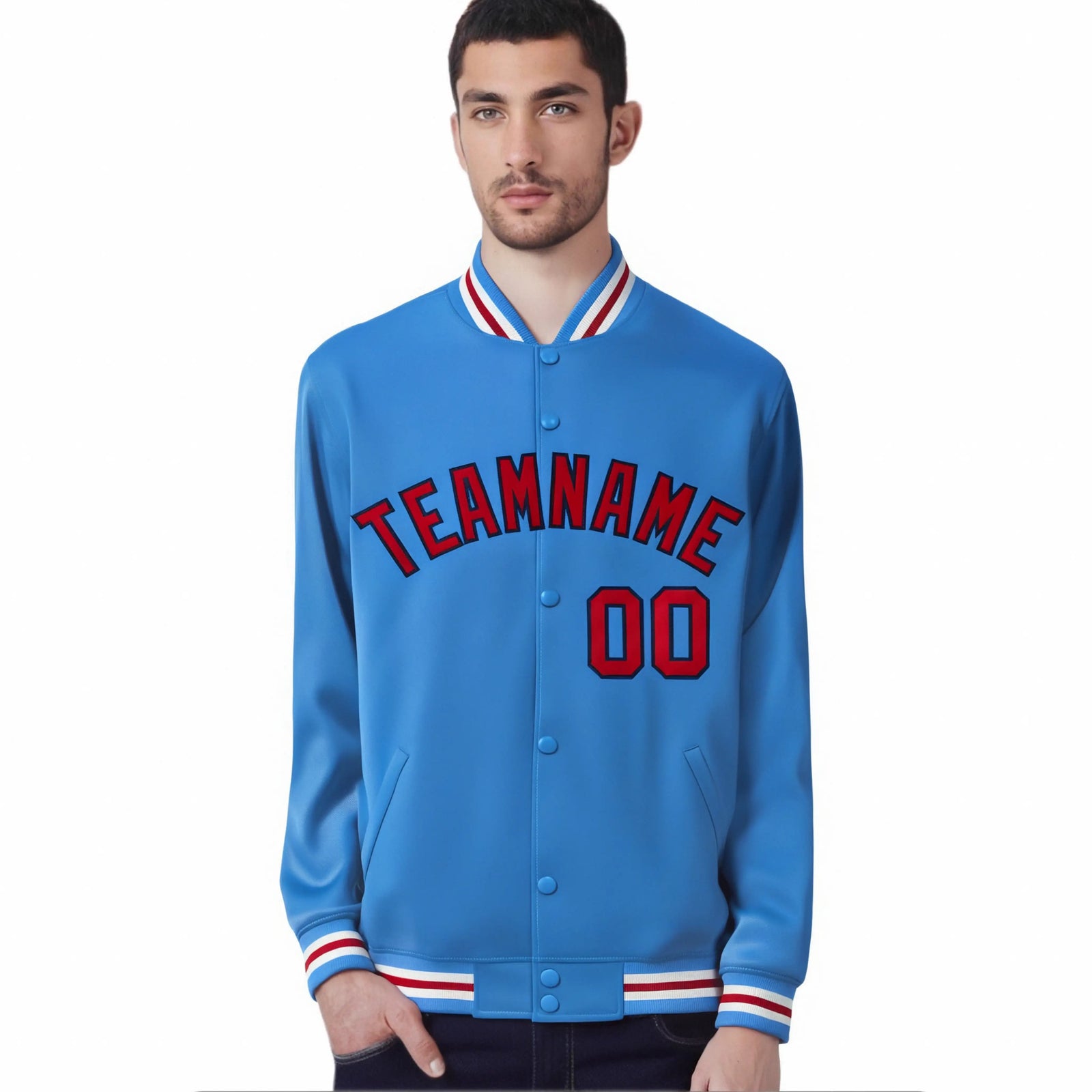 Custom Light Blue Red-White Bomber Full-Snap Varsity Letterman Jacket