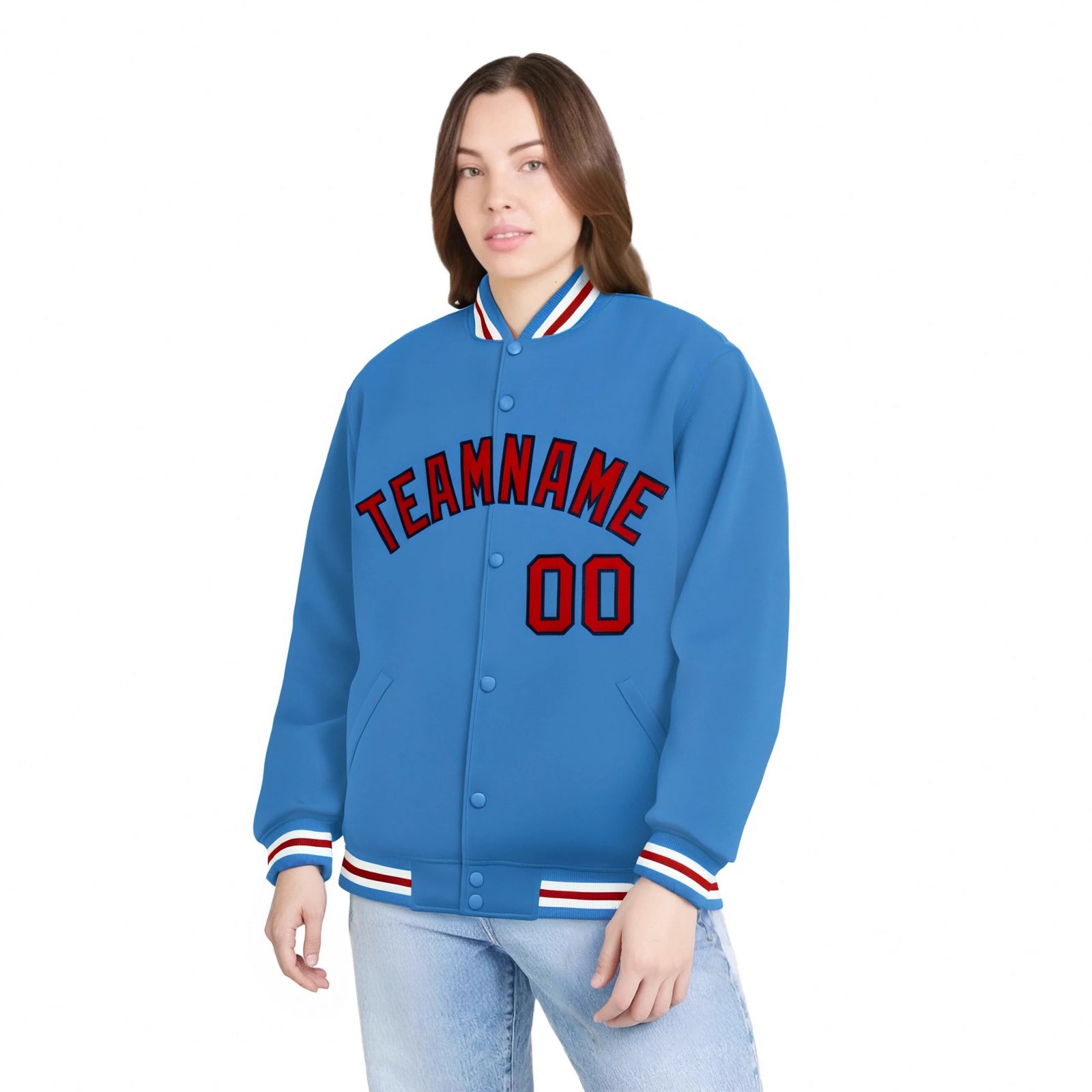 Custom Light Blue Red-White Bomber Full-Snap Varsity Letterman Jacket