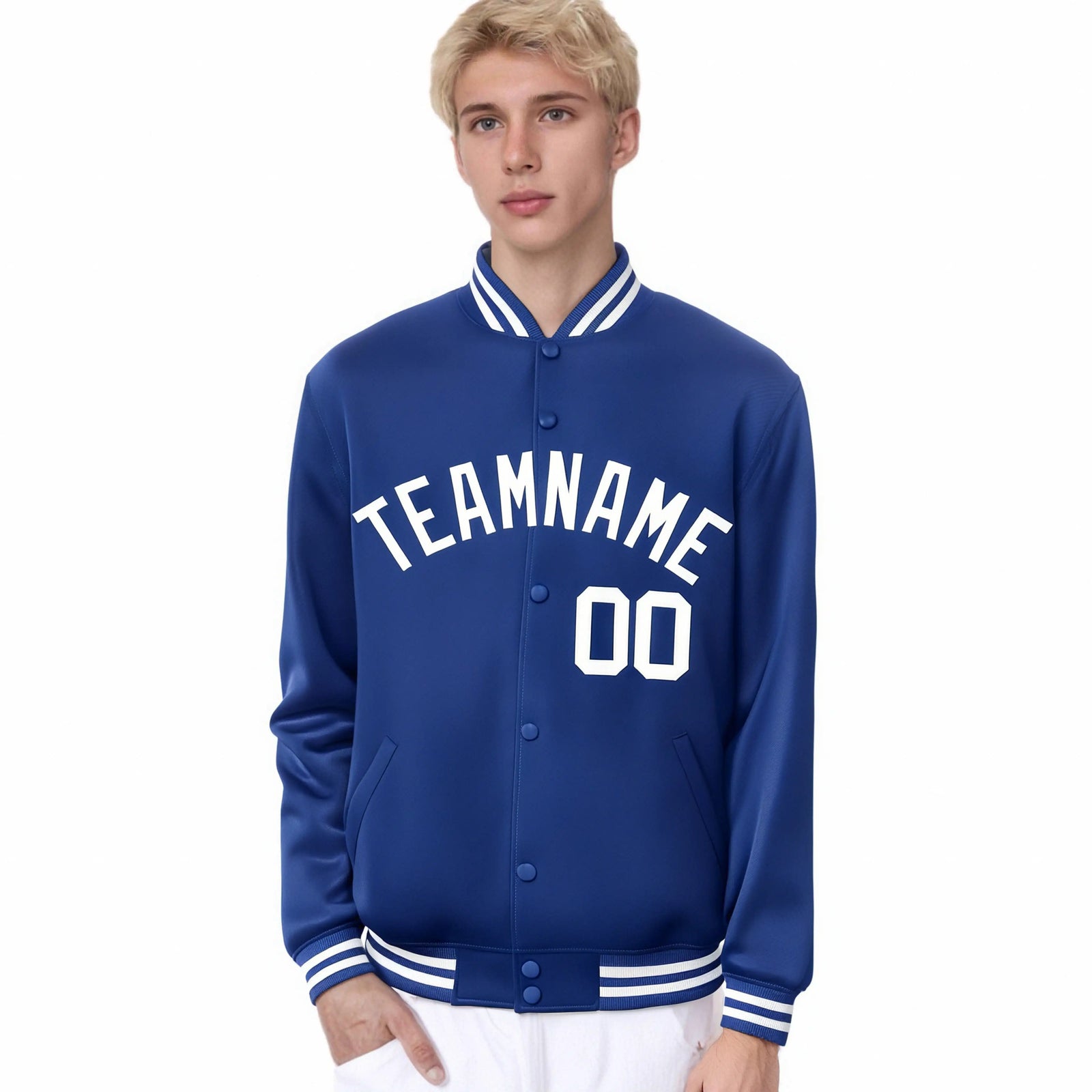 Custom Sky-Blue White Bomber Full-Snap Varsity Letterman Jacket