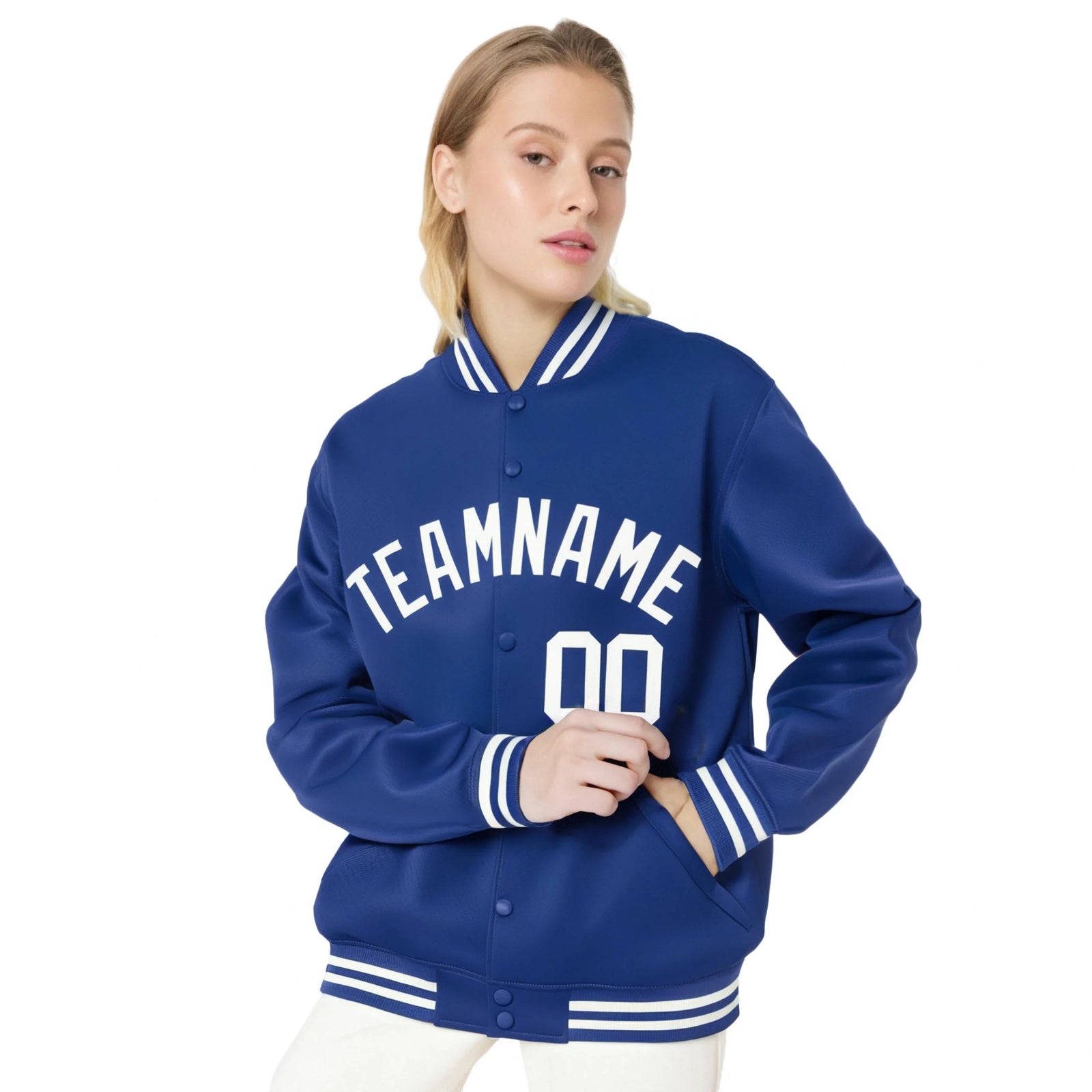 Custom Sky-Blue White Bomber Full-Snap Varsity Letterman Jacket
