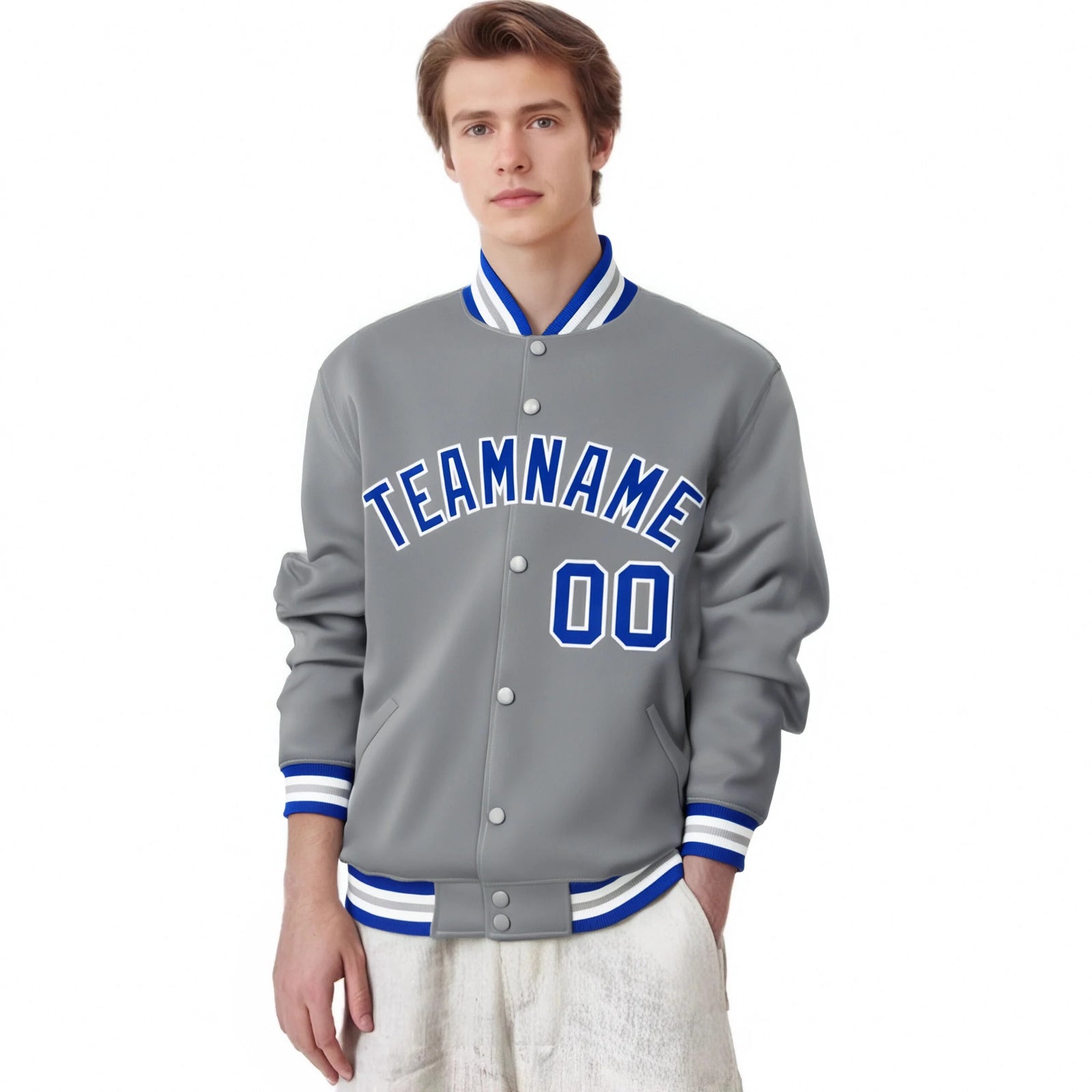 Custom Gray Blue-White Bomber Full-Snap Varsity Letterman Jacket