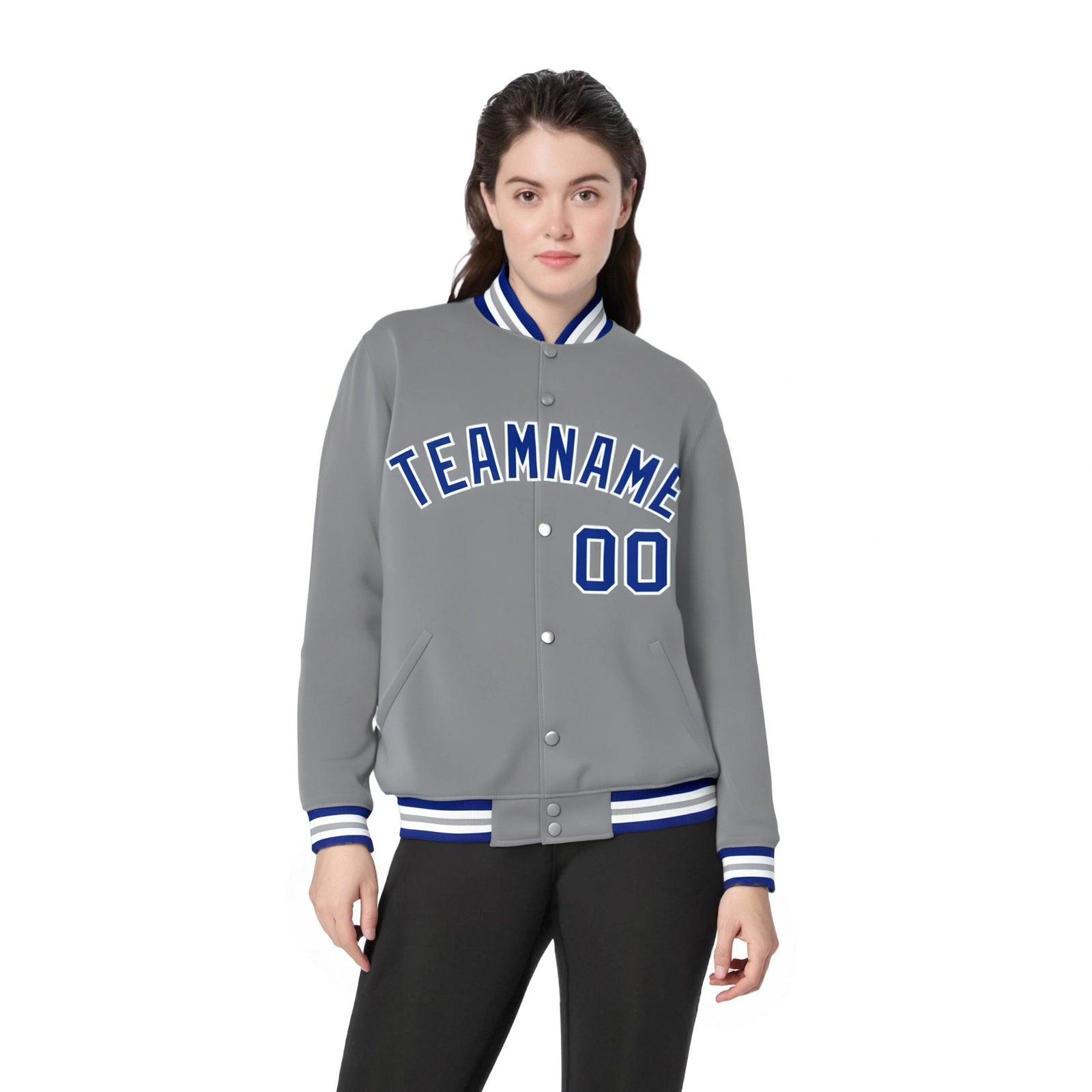 Custom Gray Blue-White Bomber Full-Snap Varsity Letterman Jacket