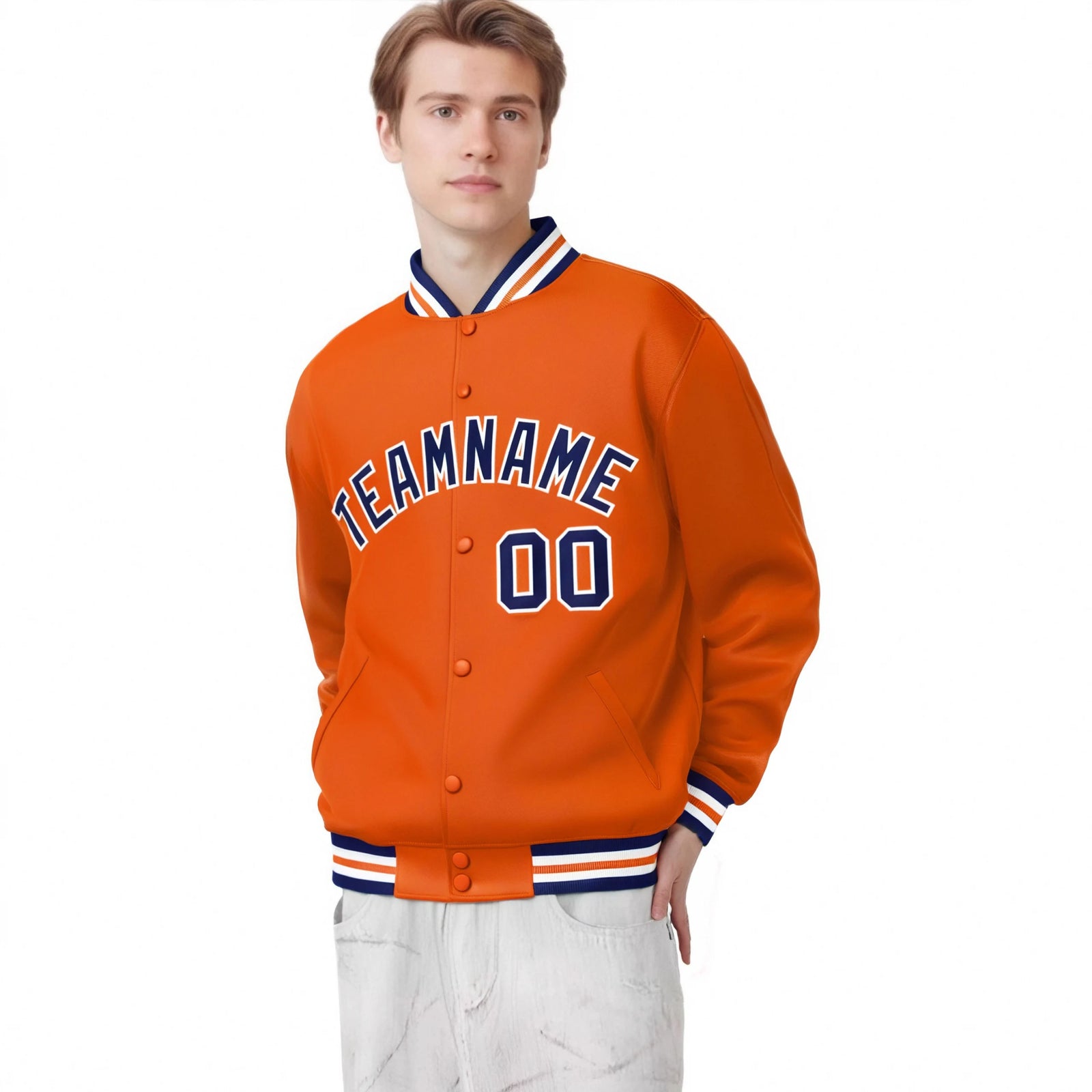 Custom Orange Navy-White Bomber Full-Snap Varsity Letterman Jacket